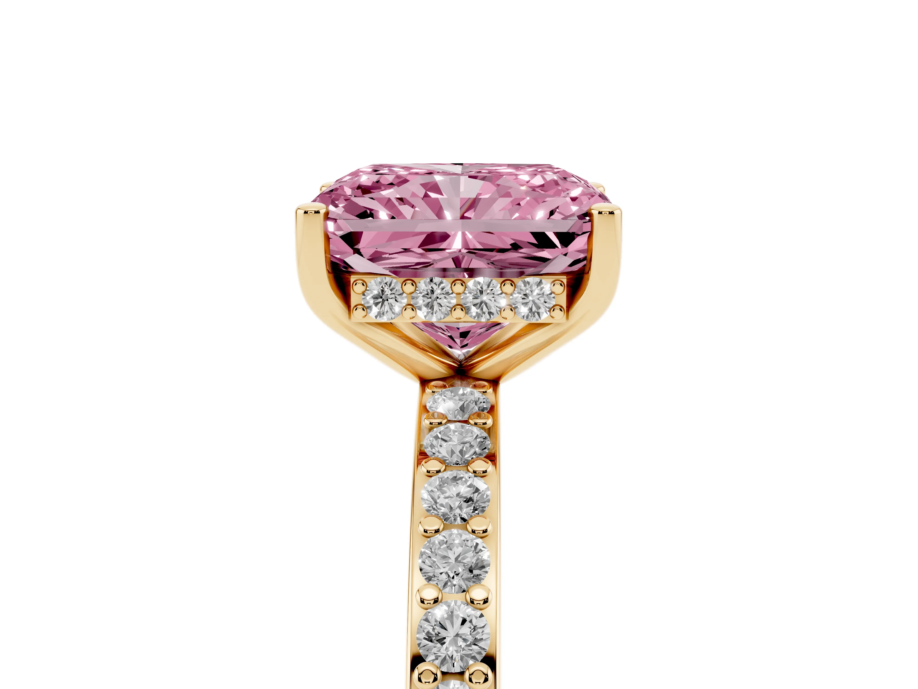 Fancy Pink Radiant Cut Diamond Pavé Band Ring Set in Yellow gold with Prong-Set Center Stone