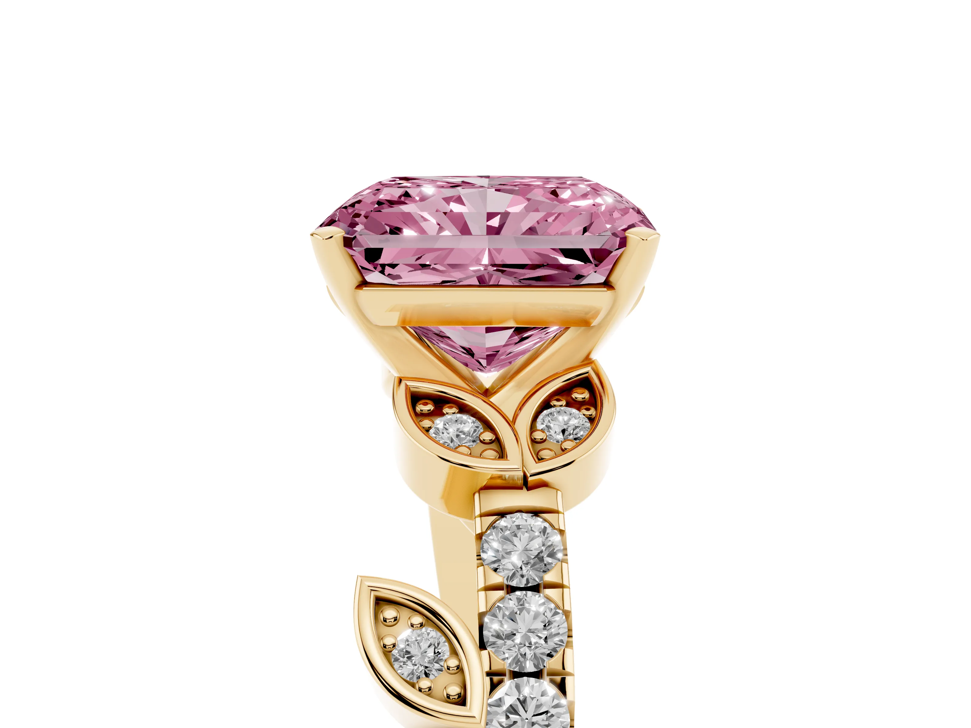 Fancy Pink Radiant Cut Diamond Solitaire Leaf-Inspired Ring Set in Yellow gold with Pavé Band and Prong Setting