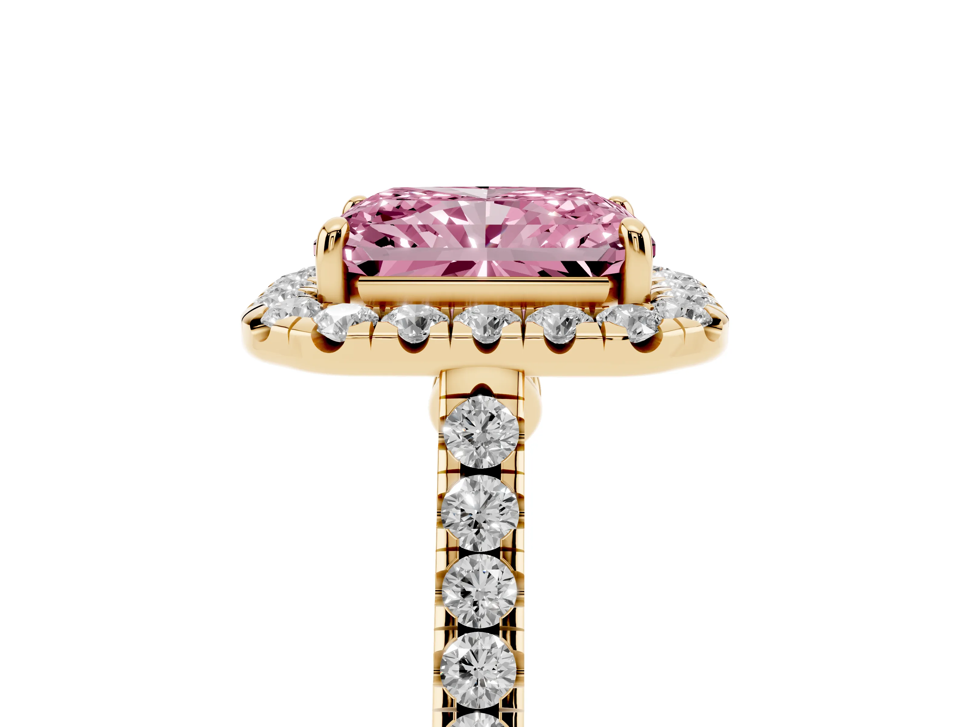 Fancy Pink Radiant Cut Diamond Halo Pavé Engagement Ring Set in Yellow gold with Prong Setting