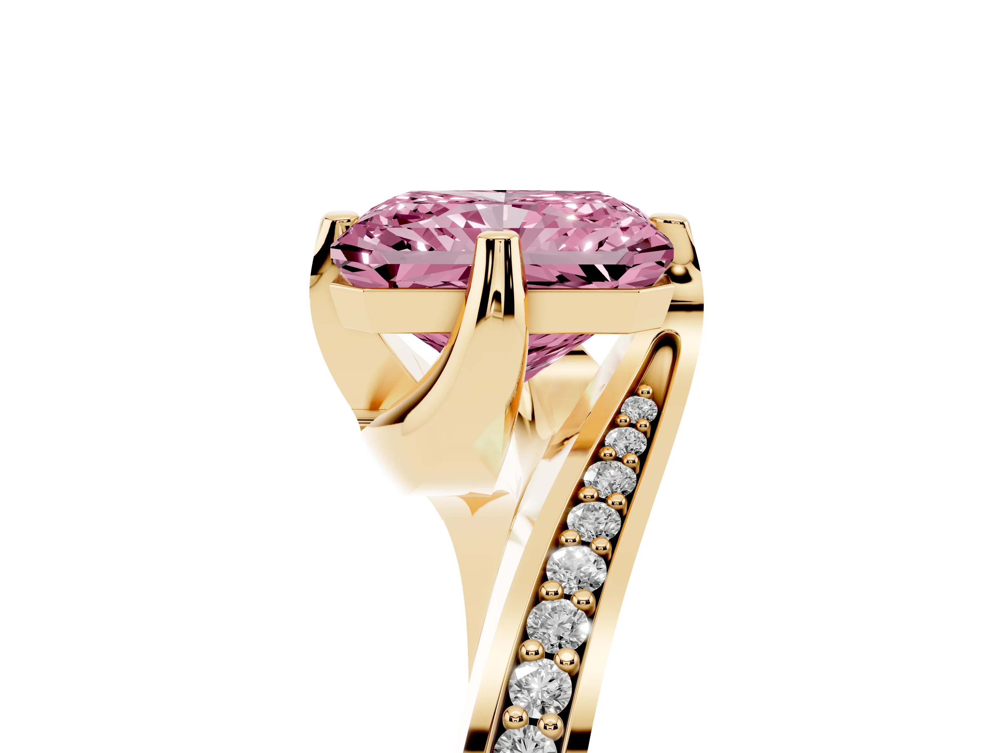 Fancy Pink Radiant Cut Diamond Solitaire Ring Set in Yellow gold with Intertwined Pavé Twist Band