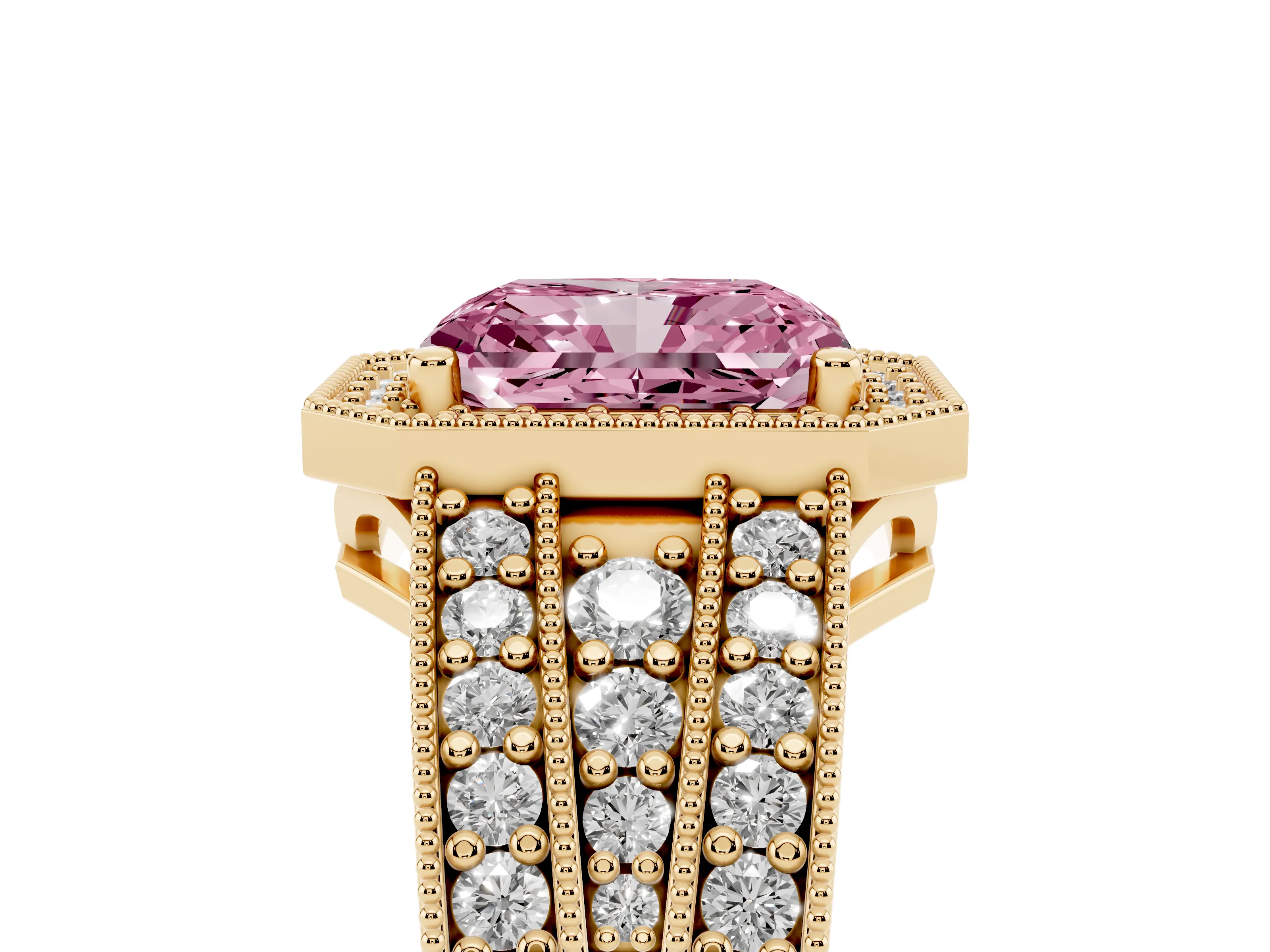Fancy Pink Radiant Cut Diamond Halo Ring Set in Yellow gold with Accent Split Shank and Prong Setting