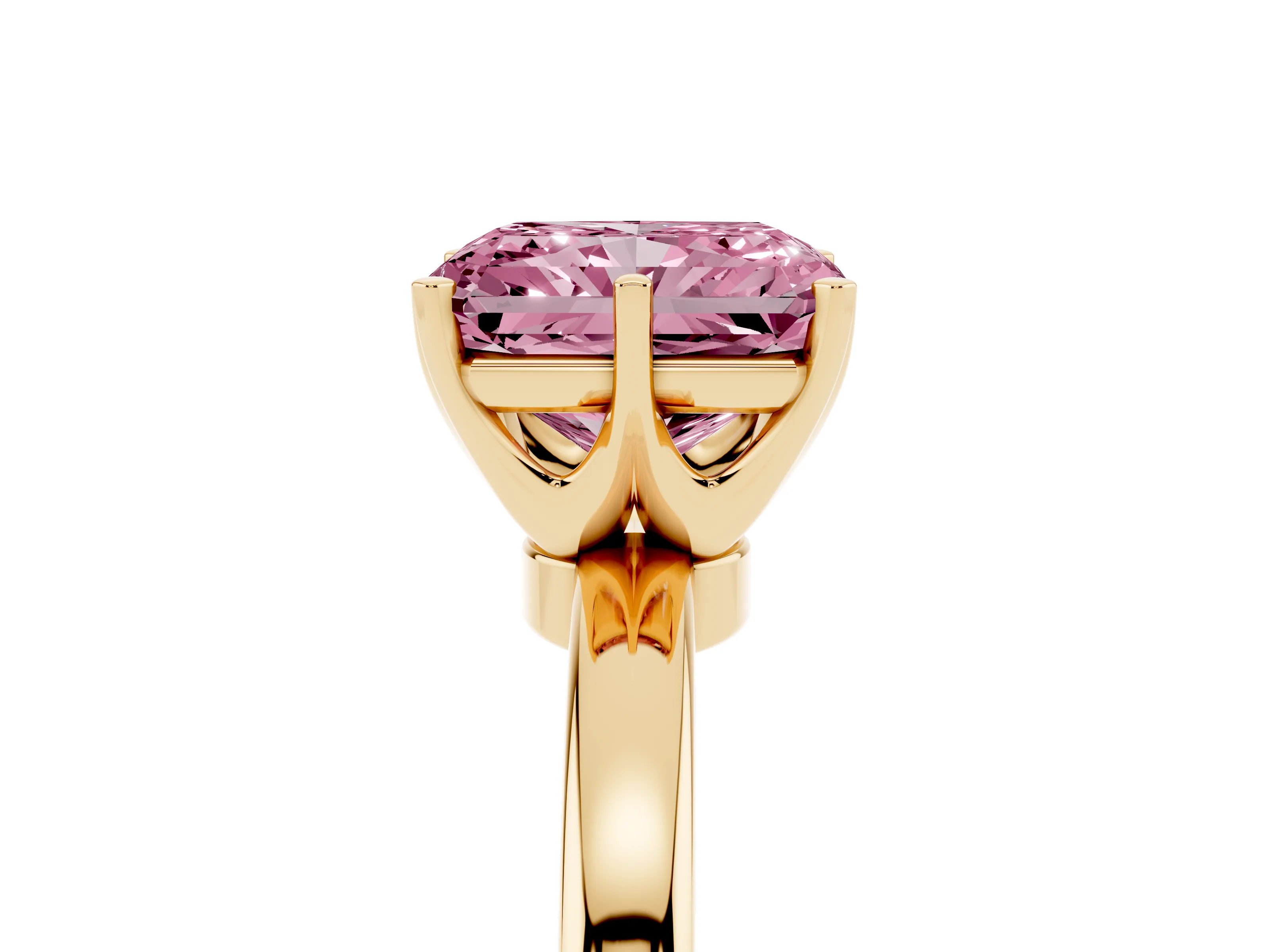 Fancy Pink Radiant Cut Diamond Solitaire Ring Set in Yellow gold with Raised Prong Setting on a Classic Band