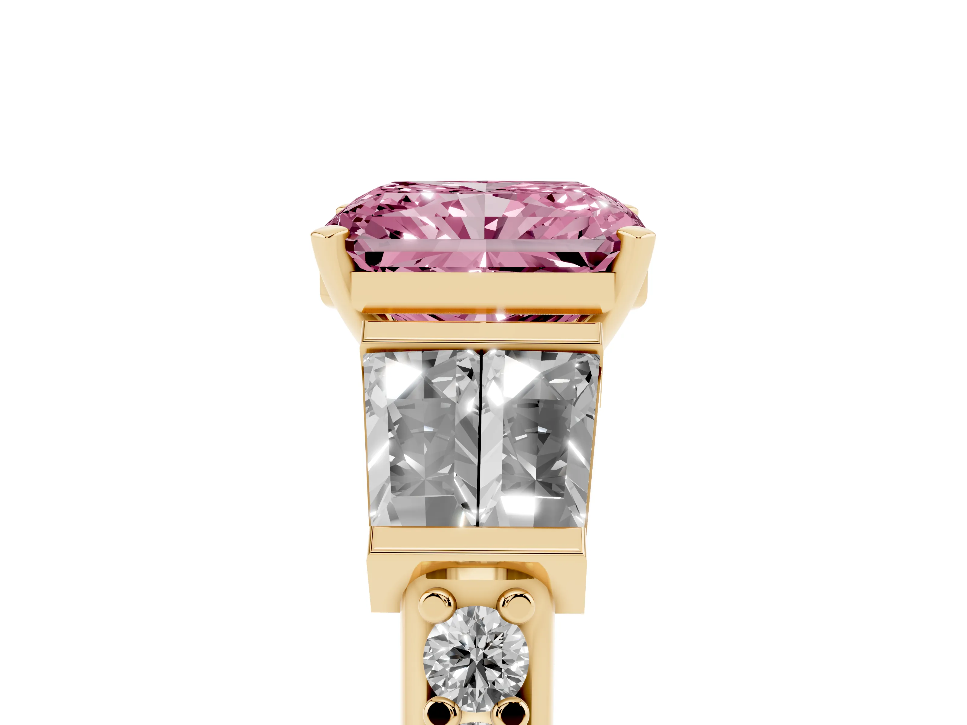 Fancy Pink Radiant Cut Diamond Engagement Ring Set in Yellow gold with Baguette Side Stones and Channel Set Band