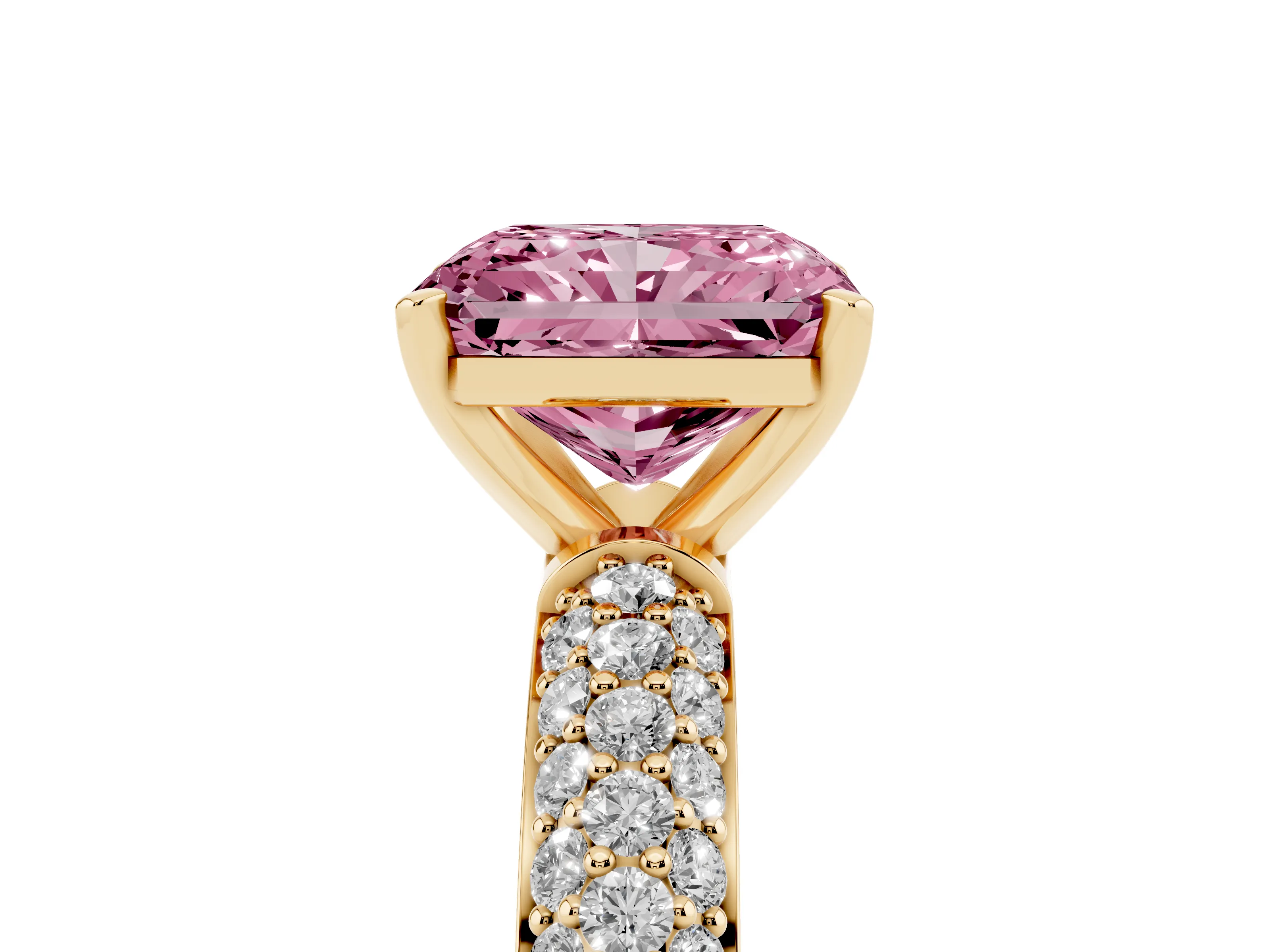 Fancy Pink Radiant Cut Diamond Solitaire Ring Set in Yellow gold with Prong Setting and Pavé-Set Band