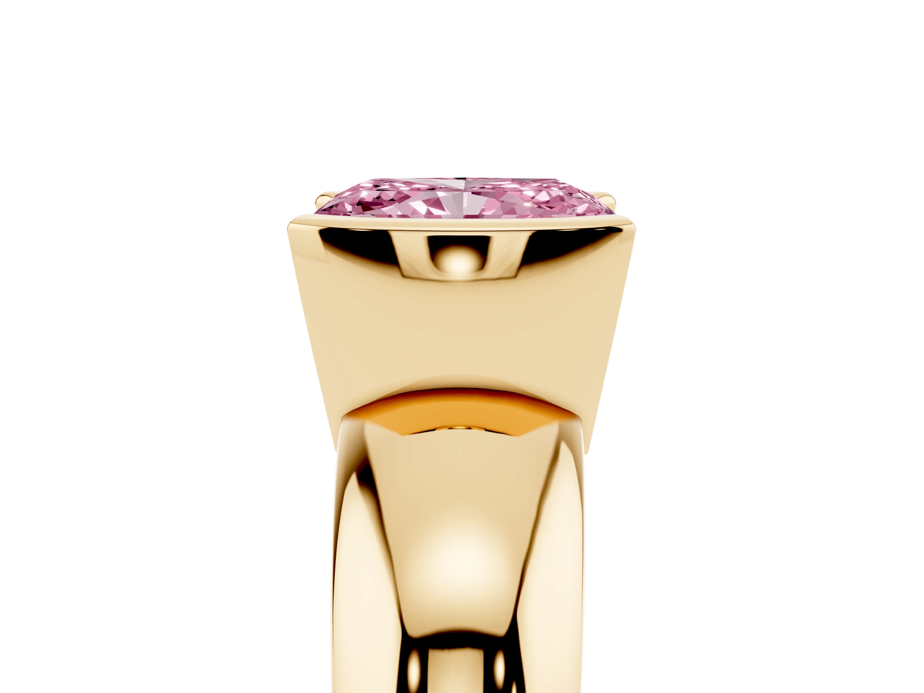 Fancy Pink Radiant Cut Diamond Solitaire Tension Set Ring Set in Yellow gold with Wide Band