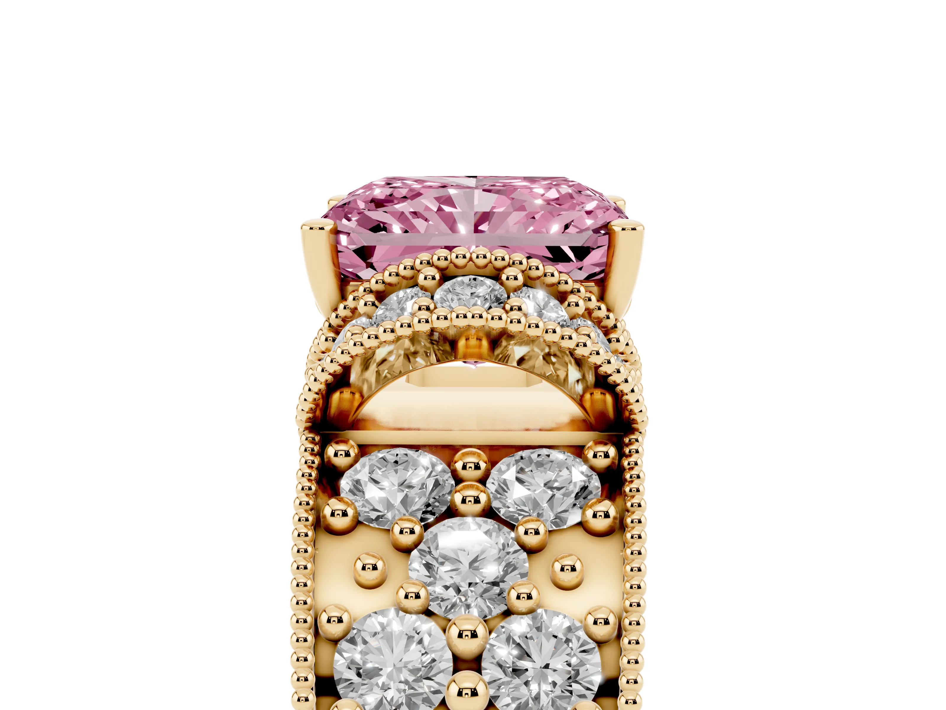 Fancy Pink Radiant Cut Diamond Milgrain Halo Pavé Engagement Ring Set in Yellow gold with Prong Setting