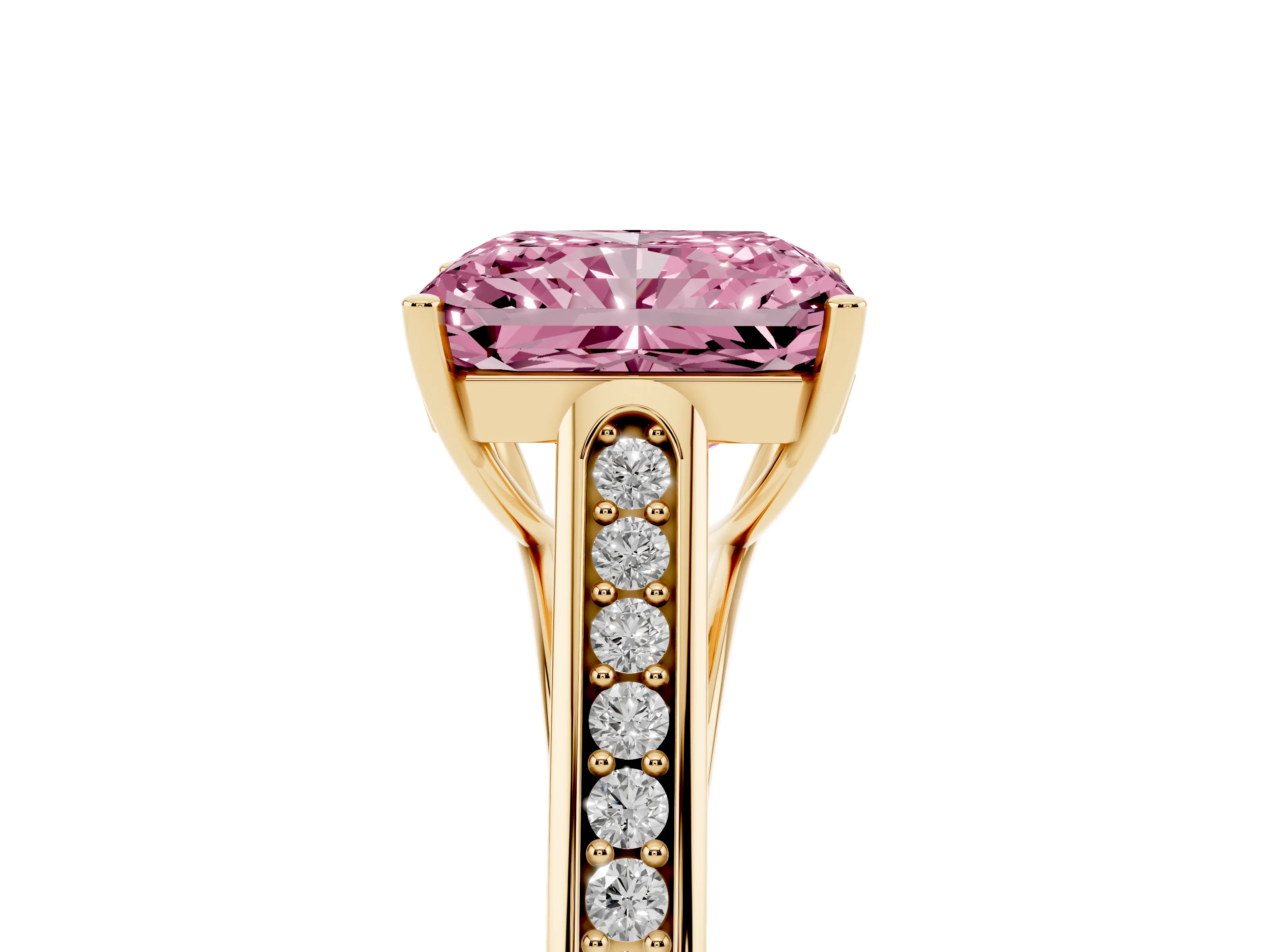 Fancy Pink Radiant Cut Diamond Solitaire Cathedral Engagement Ring Set in Yellow gold with Channel-Set Band and Prong Setting