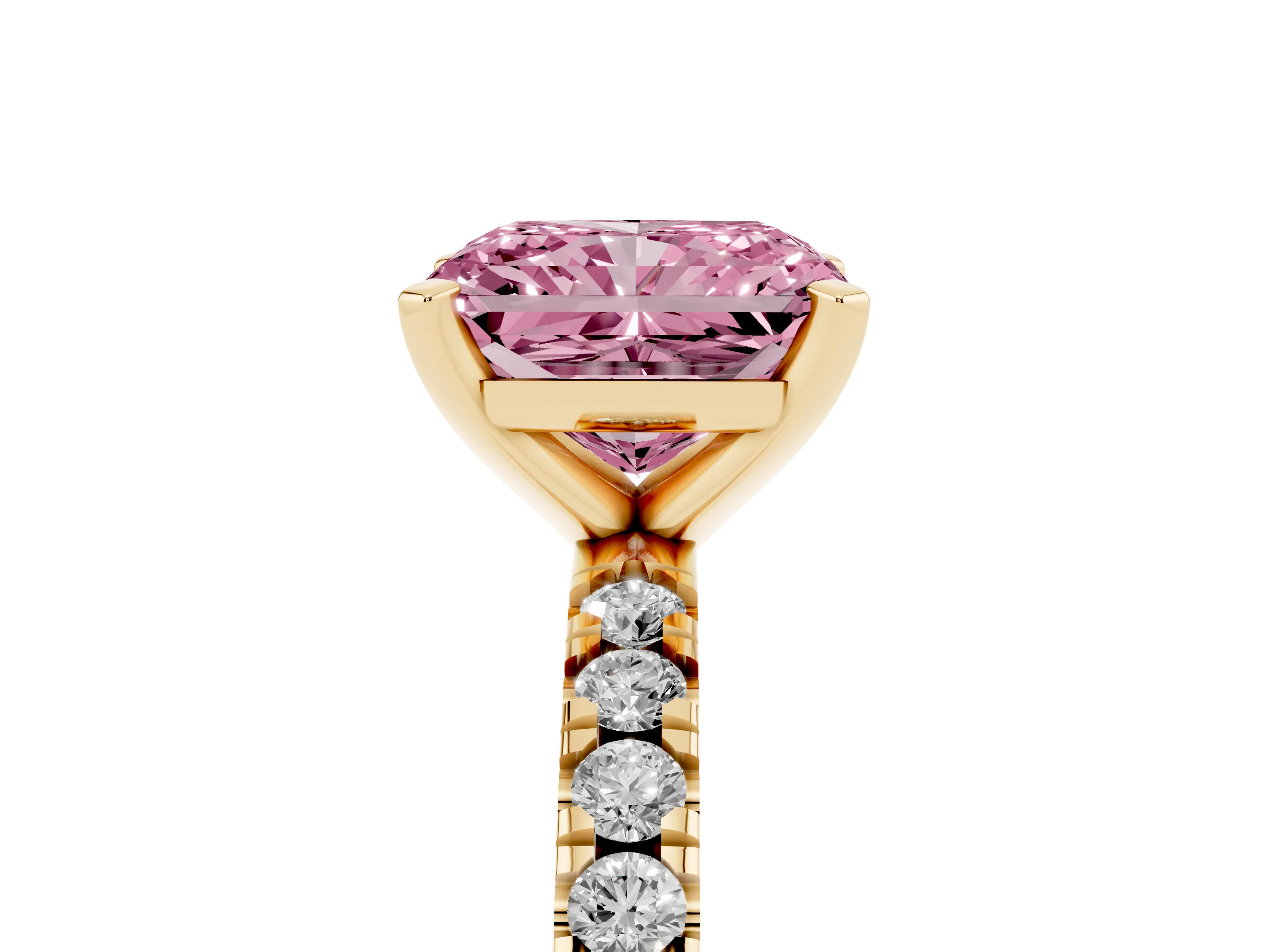 Fancy Pink Radiant Cut Diamond Pavé Band Solitaire Set in Yellow gold with Prong Setting