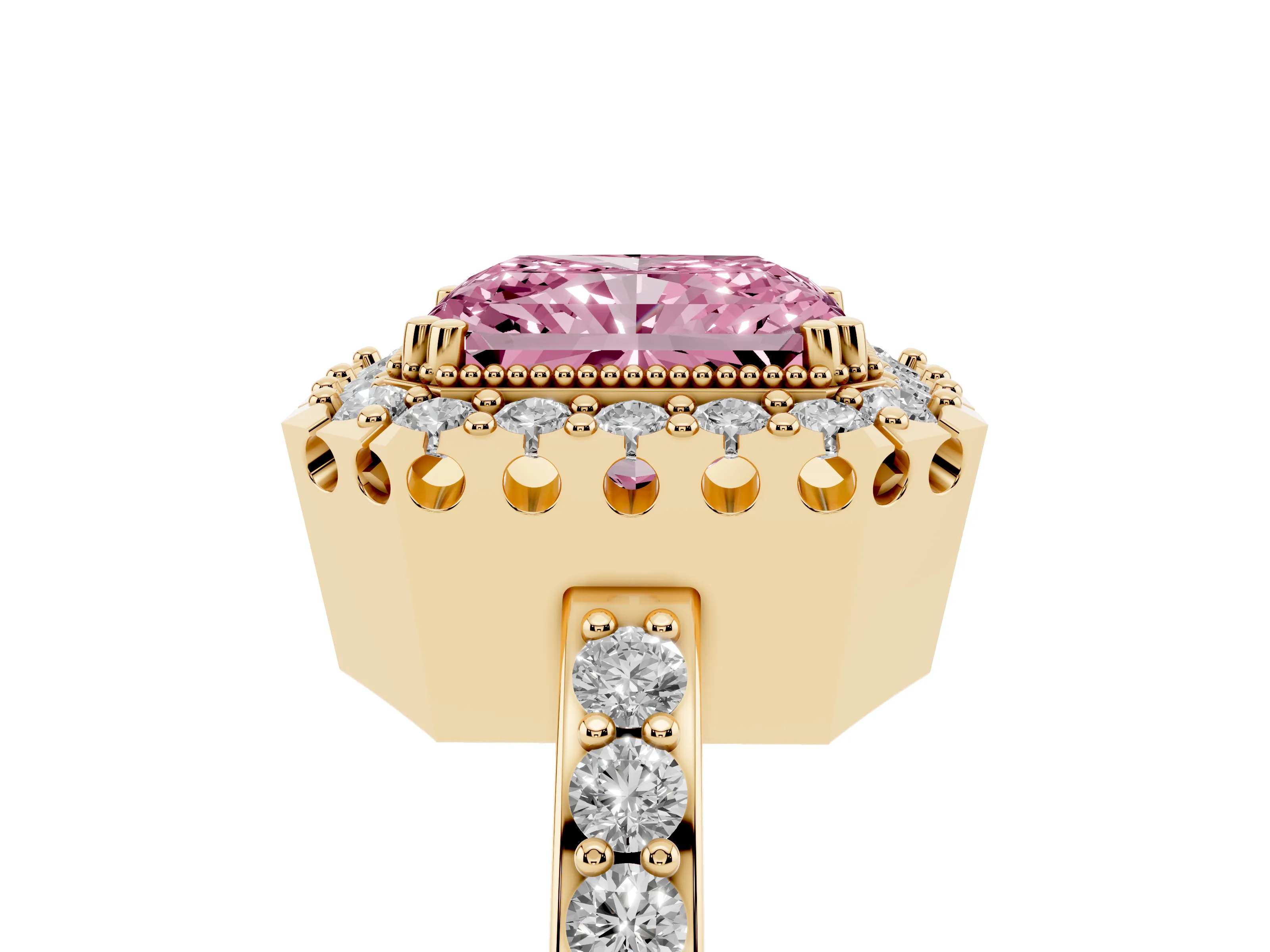Fancy Pink Radiant Cut Diamond Halo Ring Set in Yellow gold with Pavé Shank and Prong Setting
