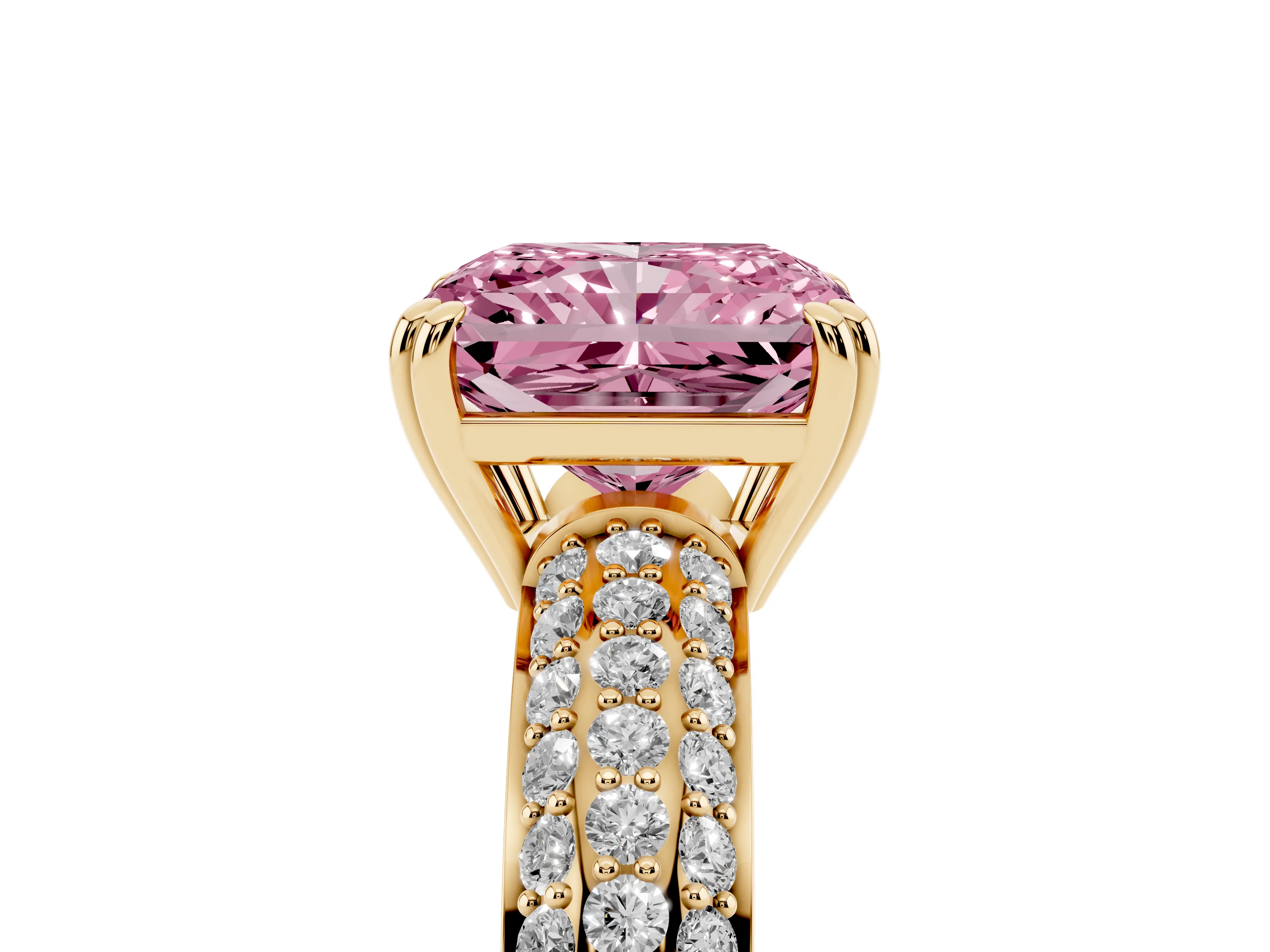 Fancy Pink Radiant Cut Diamond Solitaire Ring Set in Yellow gold with Multi-Row Round Pavé Band and Prong Setting