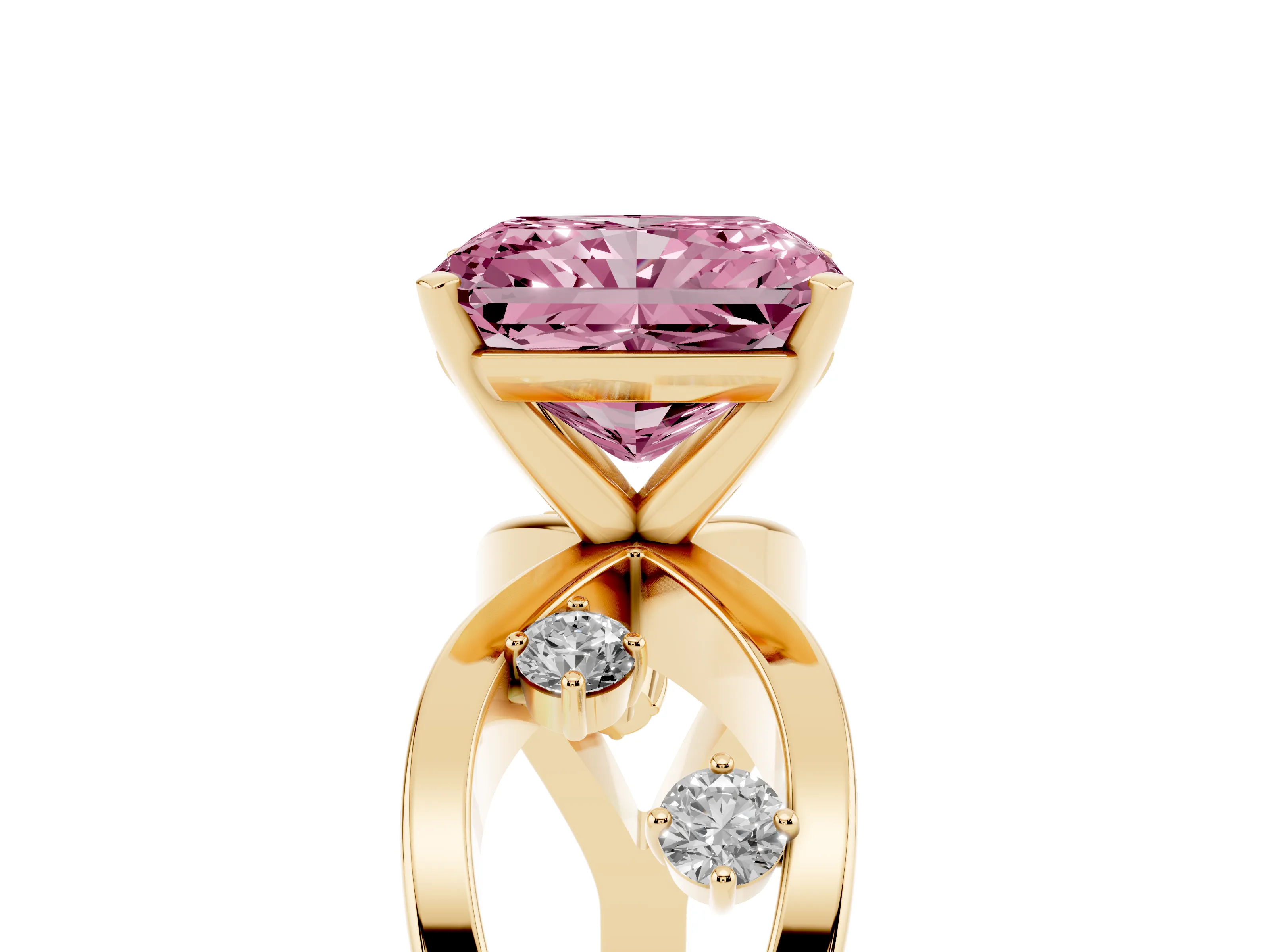 Fancy Pink Radiant Cut Diamond Solitaire Ring Set in Yellow gold with Side Stones on Criss-Cross Band and Prong Setting