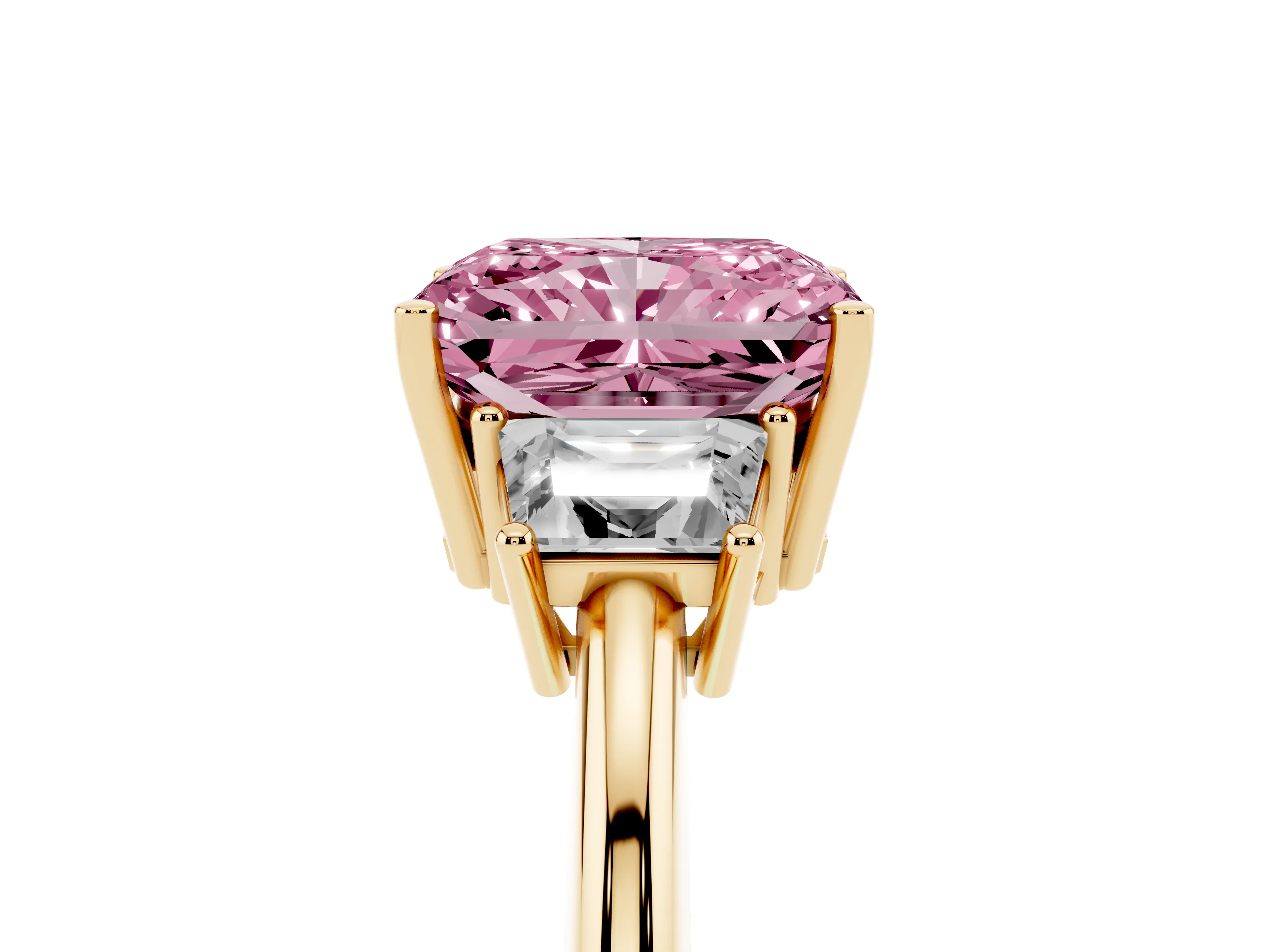 Fancy Pink Radiant Cut Diamond Three-Stone Ring Set in Yellow gold with Trapezoid Side Stones and Prong Setting