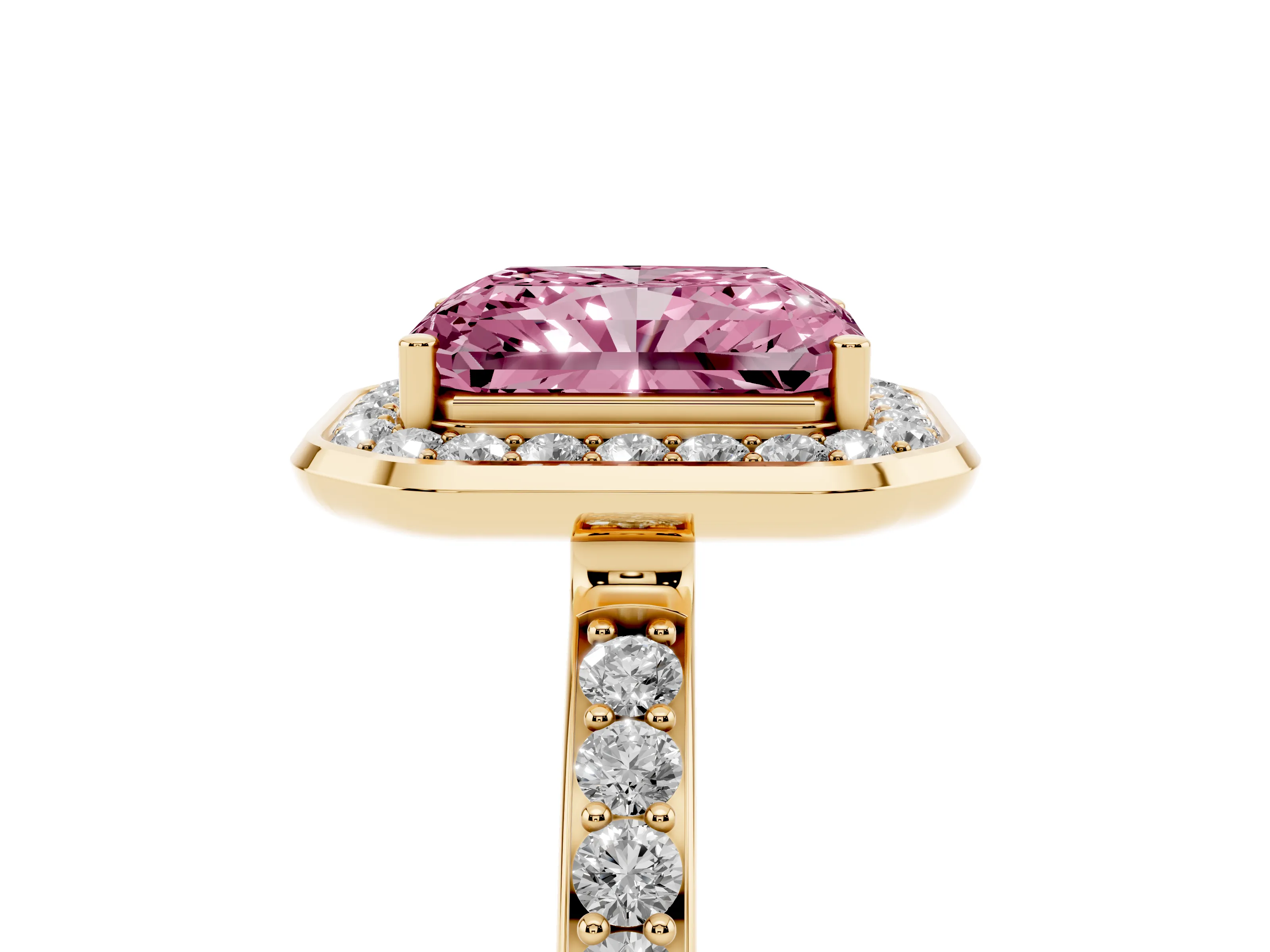 Fancy Pink Radiant Cut Diamond Halo Ring Set in Yellow gold with Bezel Frame and Pavé Band