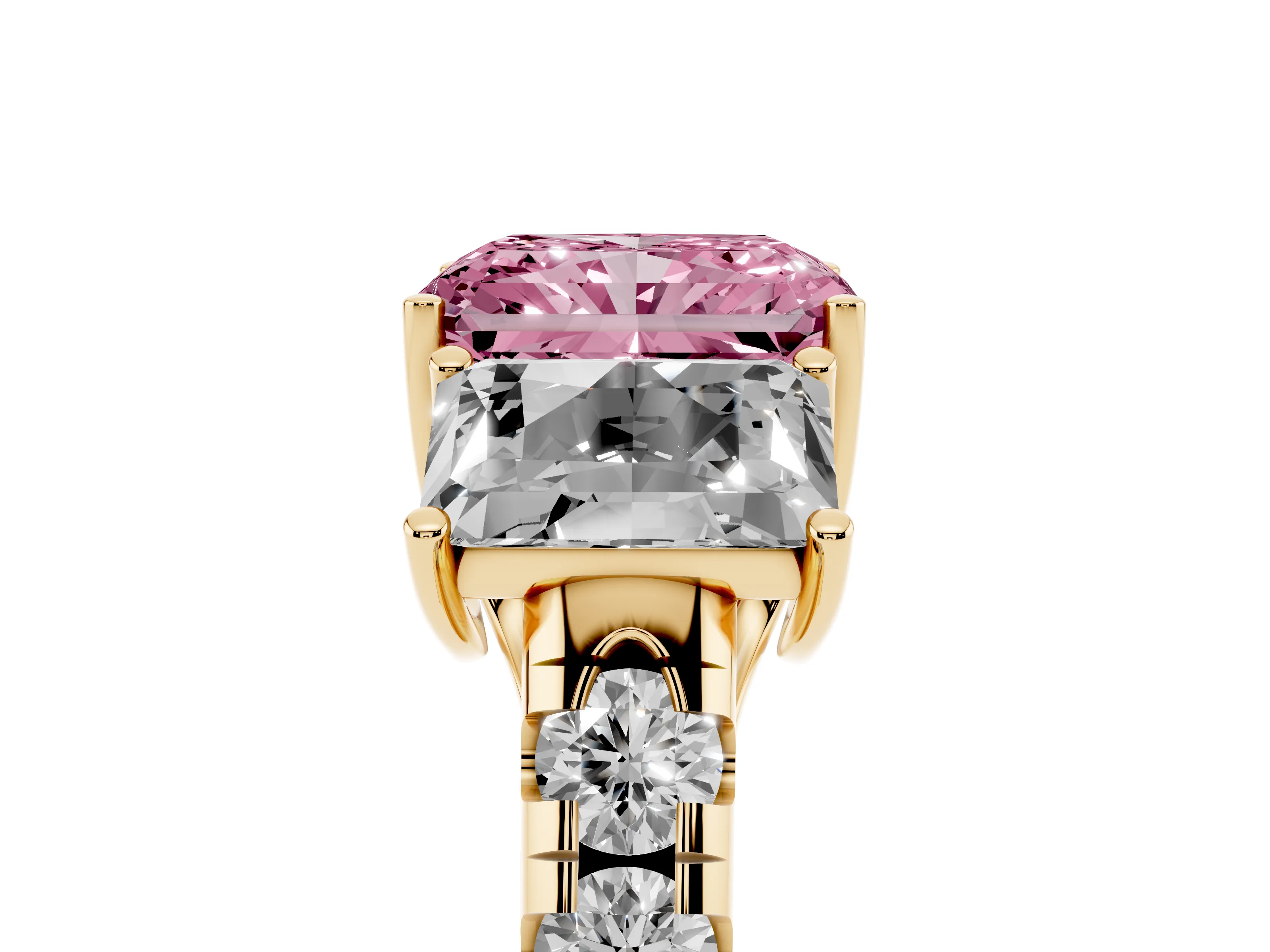 Fancy Pink Radiant Cut Diamond Three-Stone Ring Set in Yellow gold with Pavé Band