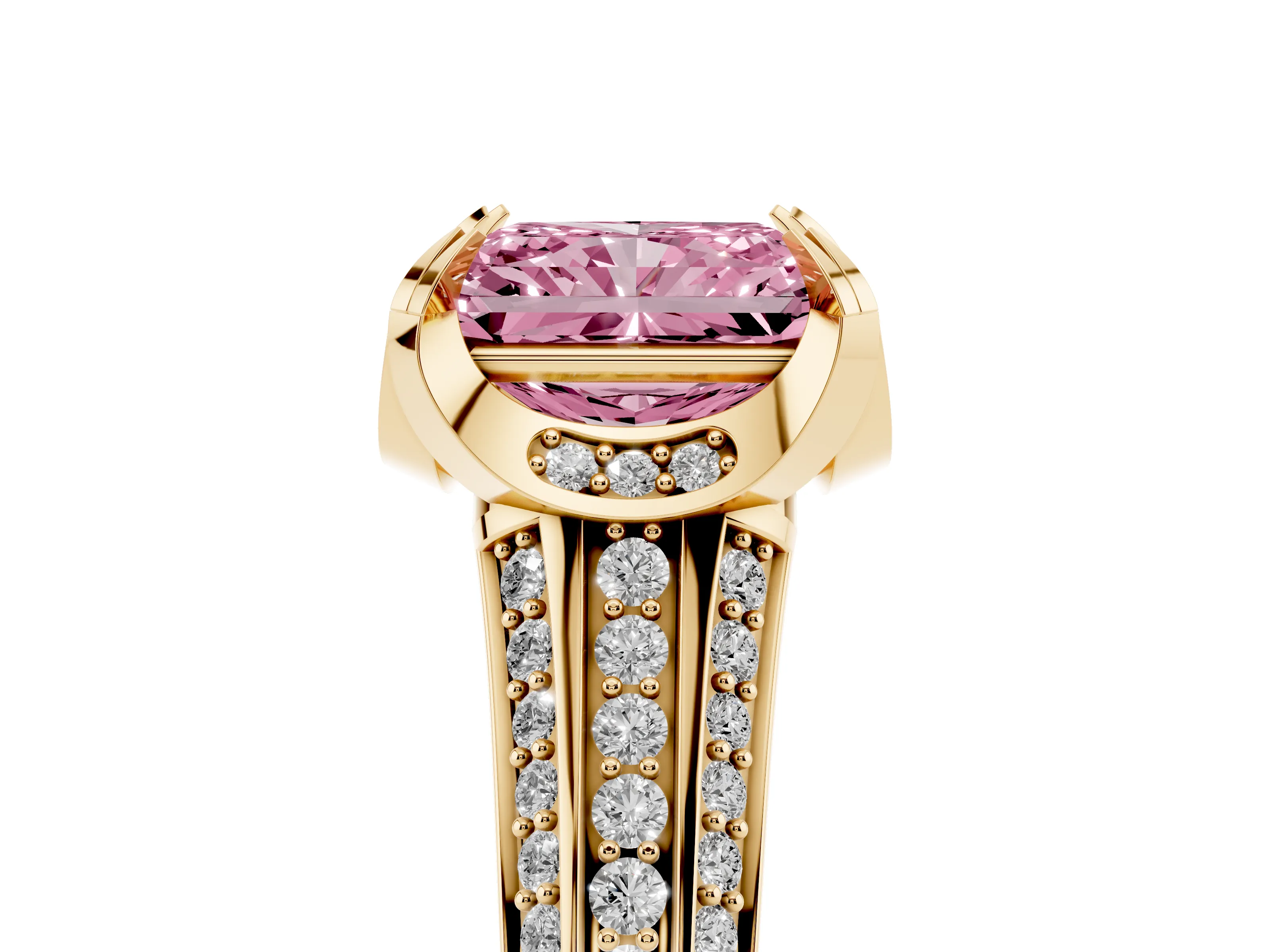 Fancy Pink Radiant Cut Diamond Pavé Split Shank Solitaire Ring Set in Yellow gold with Prong Setting