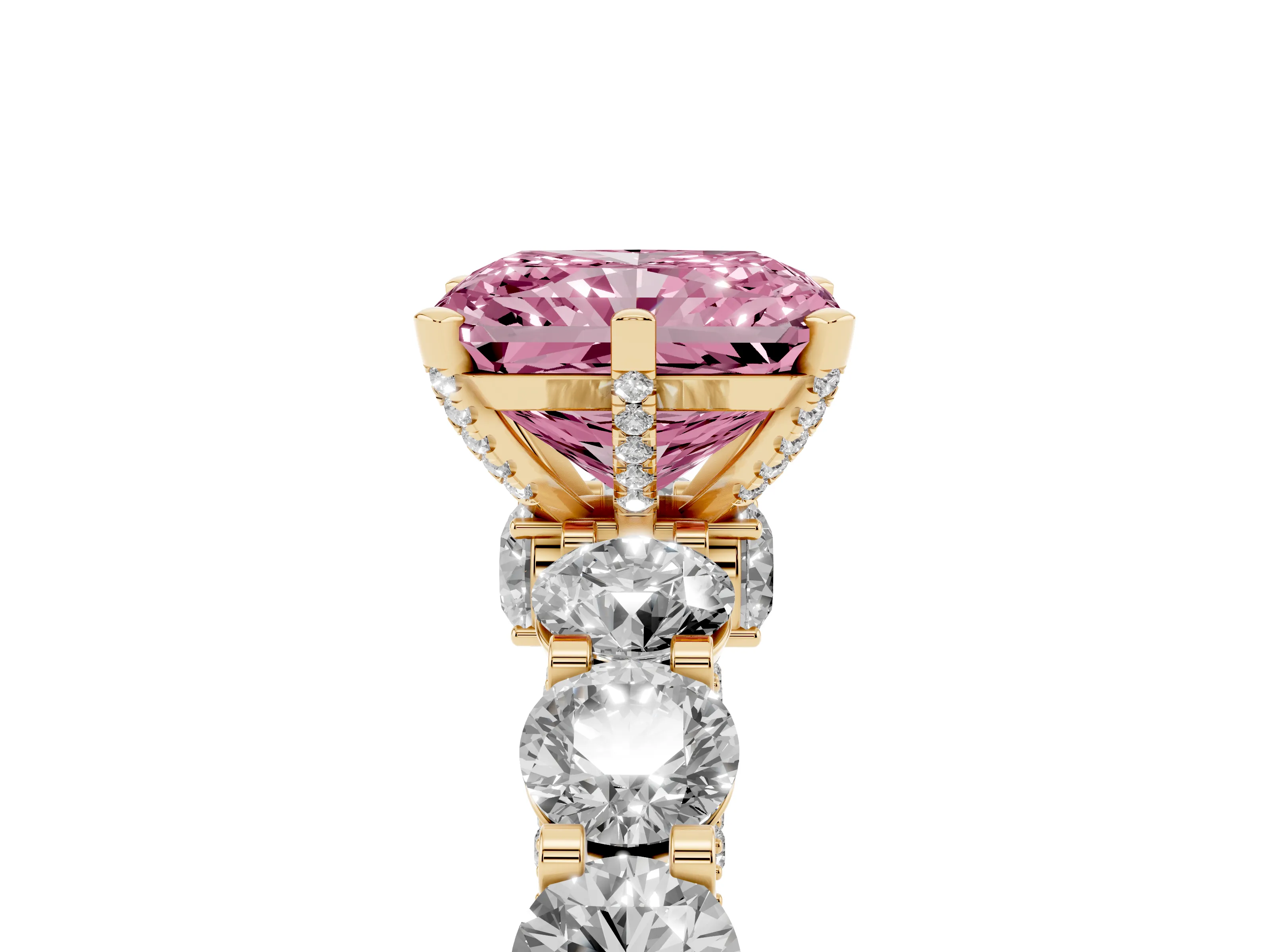 Fancy Pink Radiant Cut Diamond Side Stone Ring Set in Yellow gold with Alternating Round and Oval Side Stones