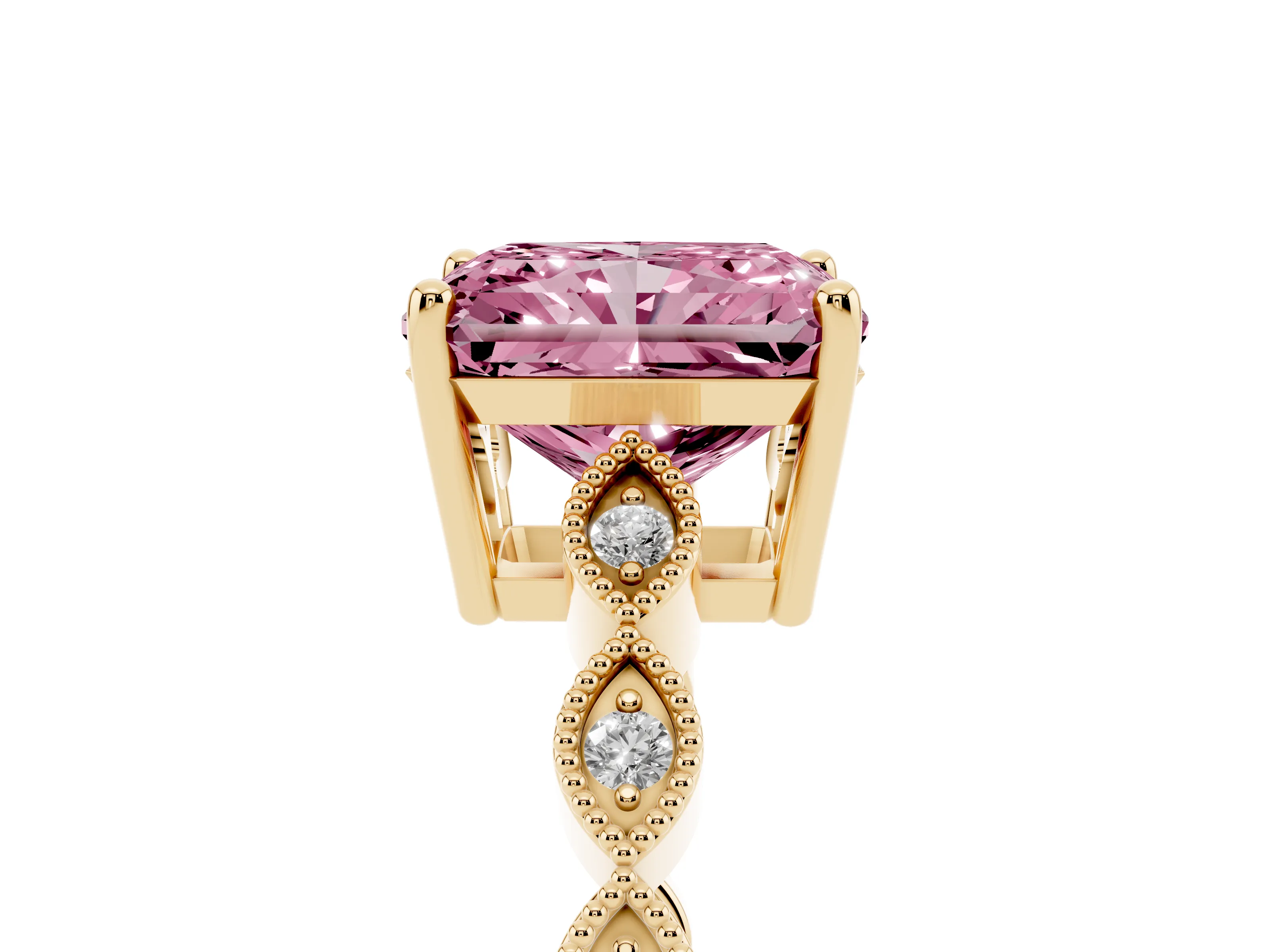 Fancy Pink Radiant Cut Diamond Solitaire Ring Set in Yellow gold with Infinity Twist Pavé Band