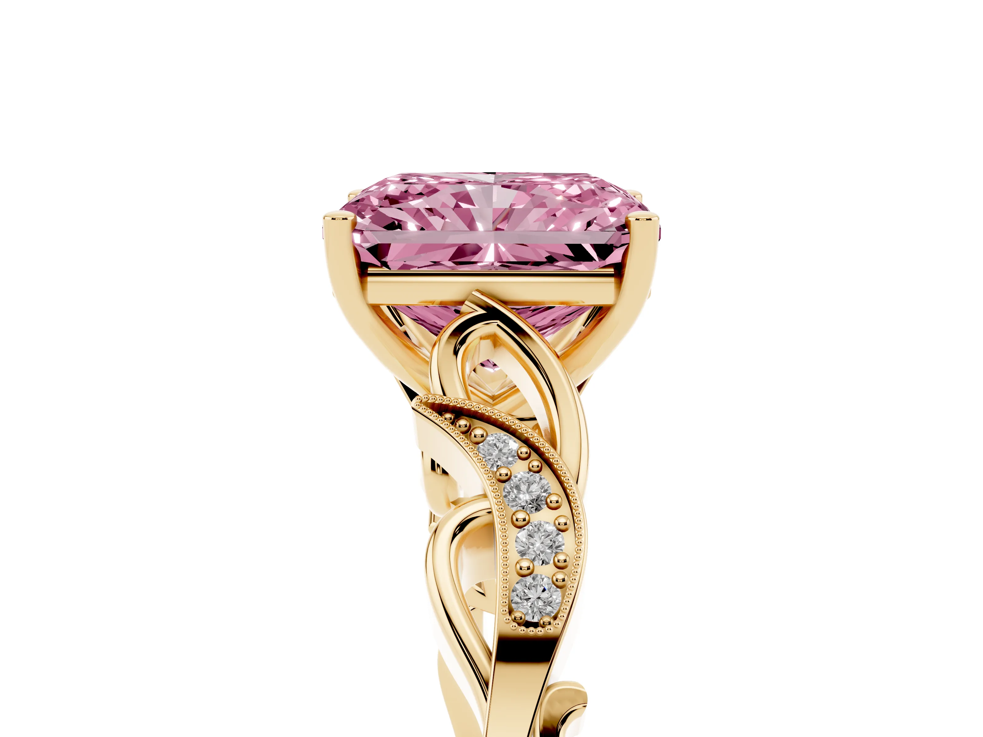 Fancy Pink Radiant Cut Diamond Vine Band Solitaire Ring Set in Yellow gold with Milgrain Prong Setting