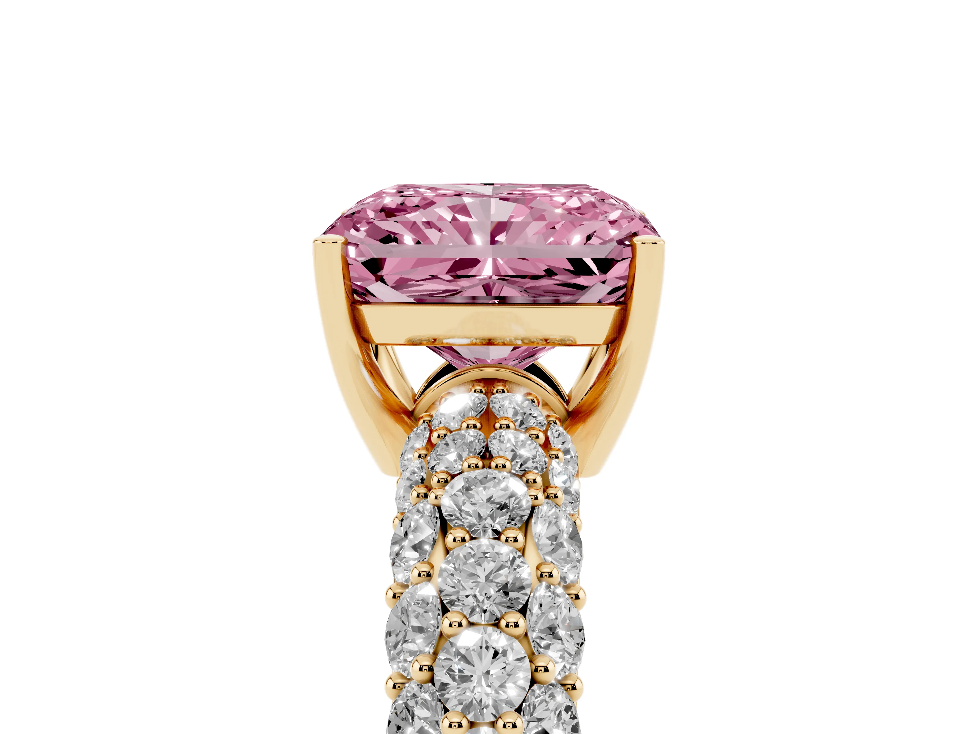 Fancy Pink Radiant Cut Diamond Pavé Band Solitaire Ring Set in Yellow gold with Close-Set Accent Stones and Prong Setting