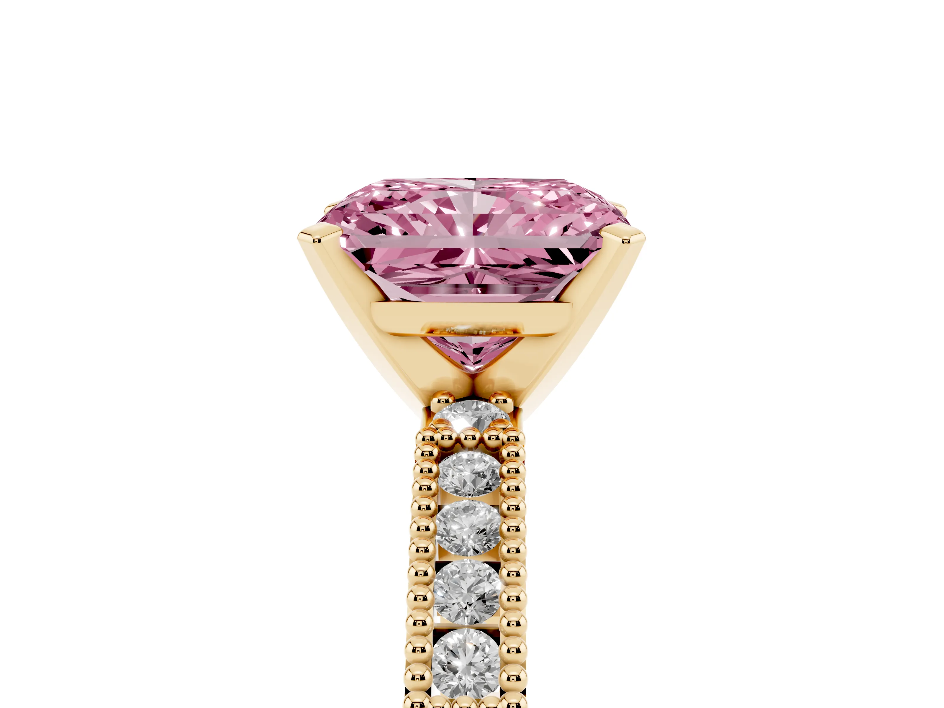 Fancy Pink Radiant Cut Diamond Solitaire Ring Set in Yellow gold with Slim Pavé Band and Prong Setting