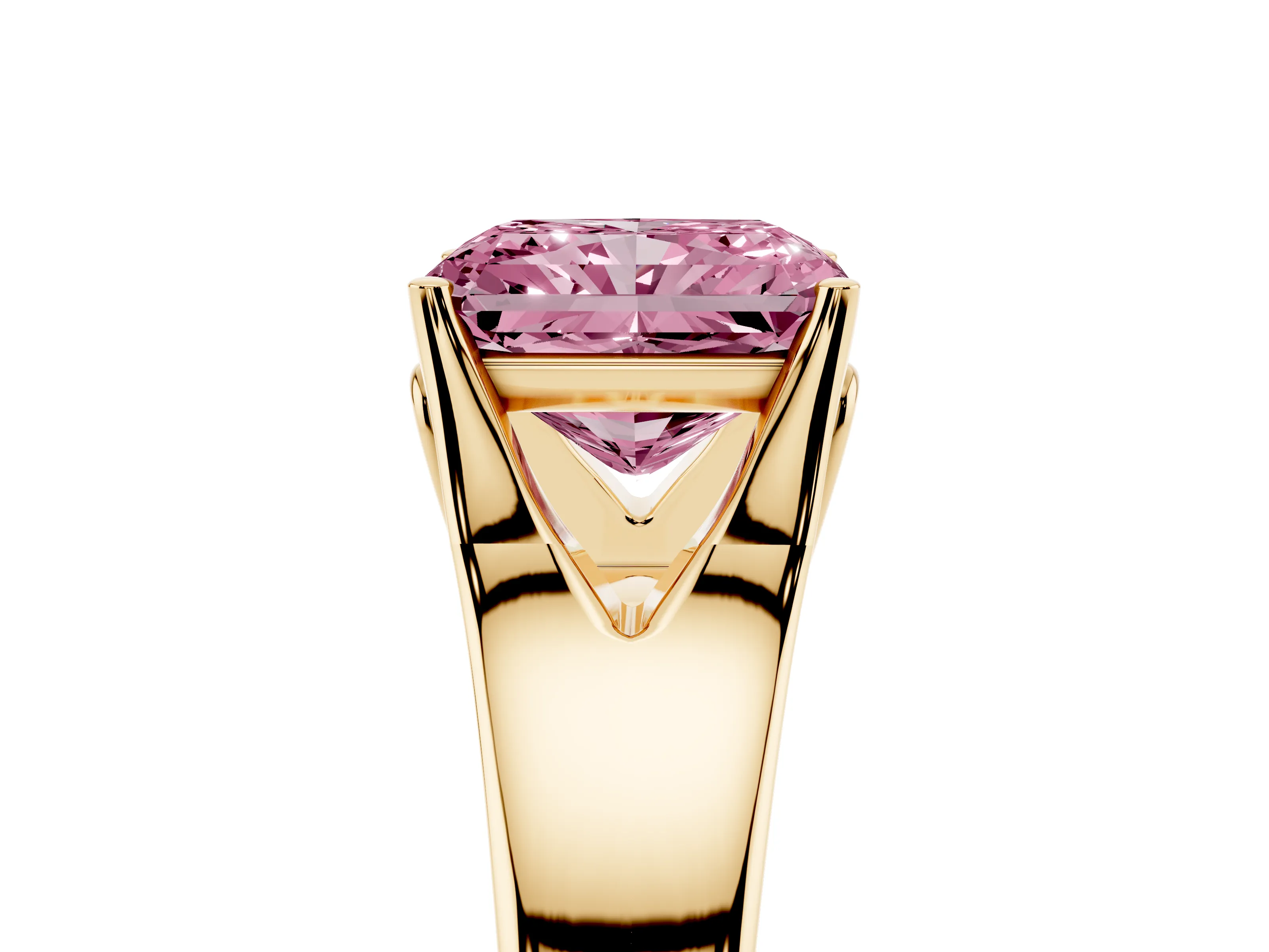 Fancy Pink Radiant Cut Diamond Solitaire Ring Set in Yellow gold with Arched Cathedral Band and Prong Setting