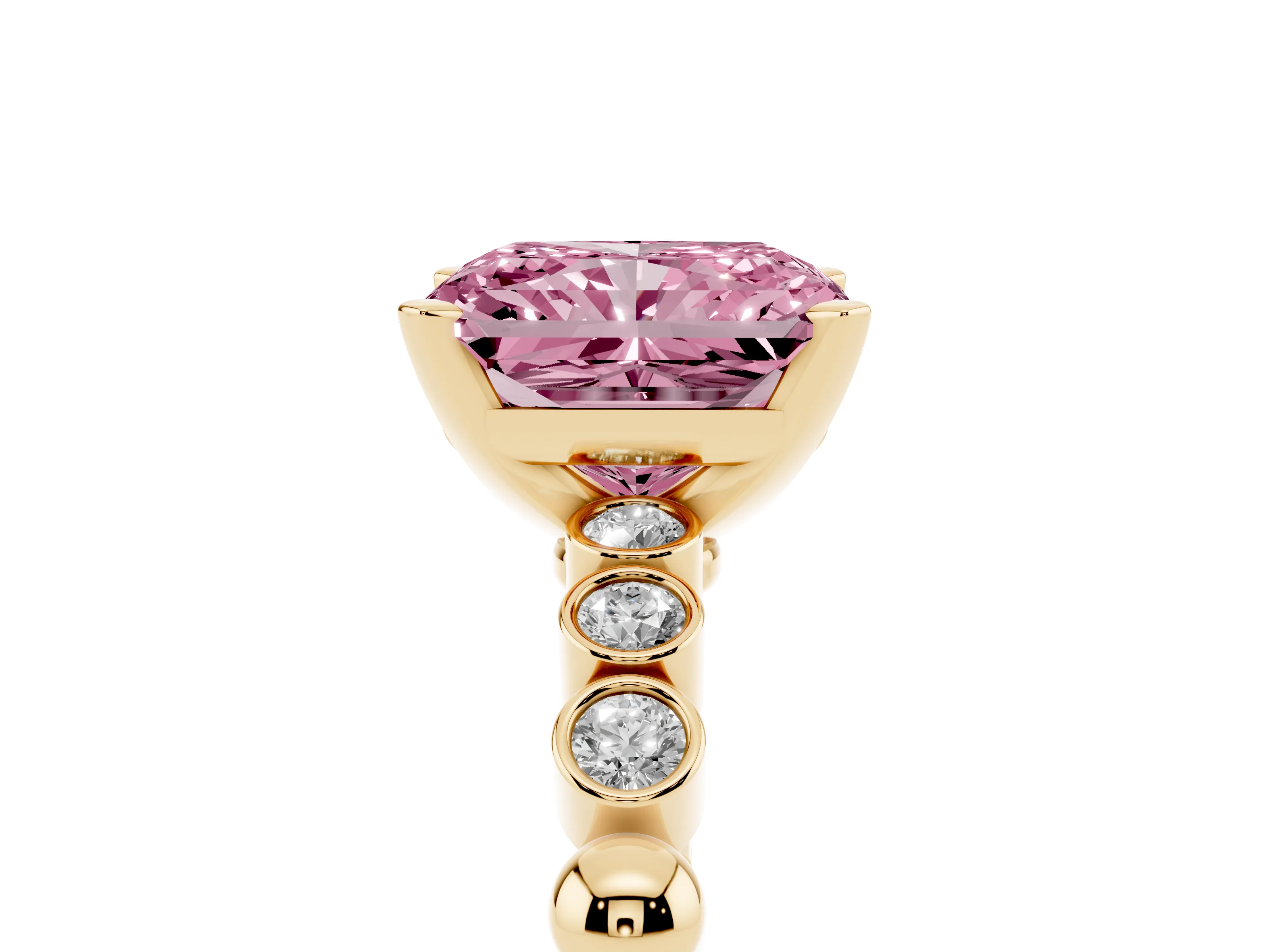 Fancy Pink Radiant Cut Diamond Solitaire Engagement Ring Set in Yellow gold with Bezel Accents on Beaded Band