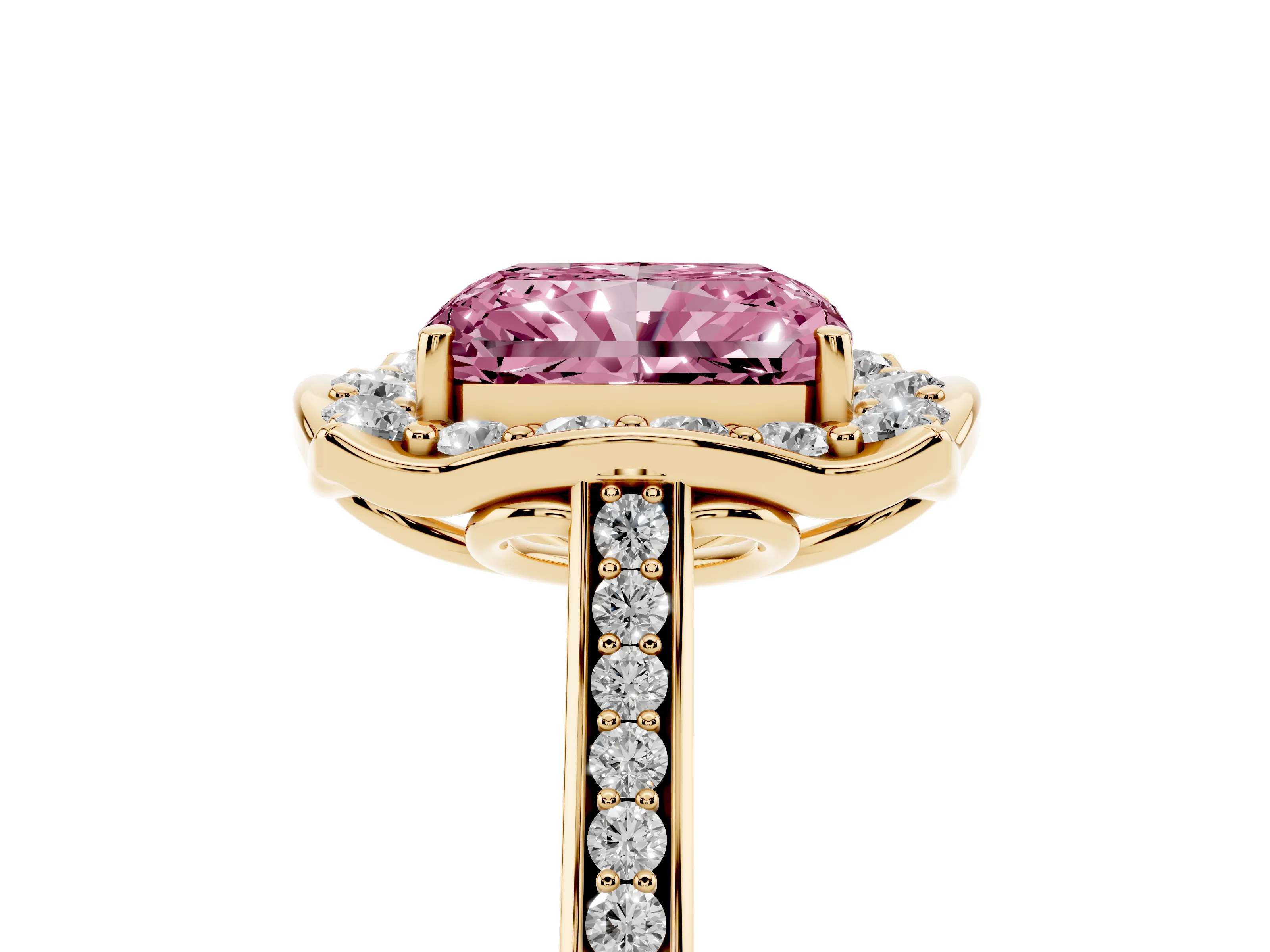 Fancy Pink Radiant Cut Diamond Halo Ring Set in Yellow gold with Pavé-Lined Shoulders and Prong Setting