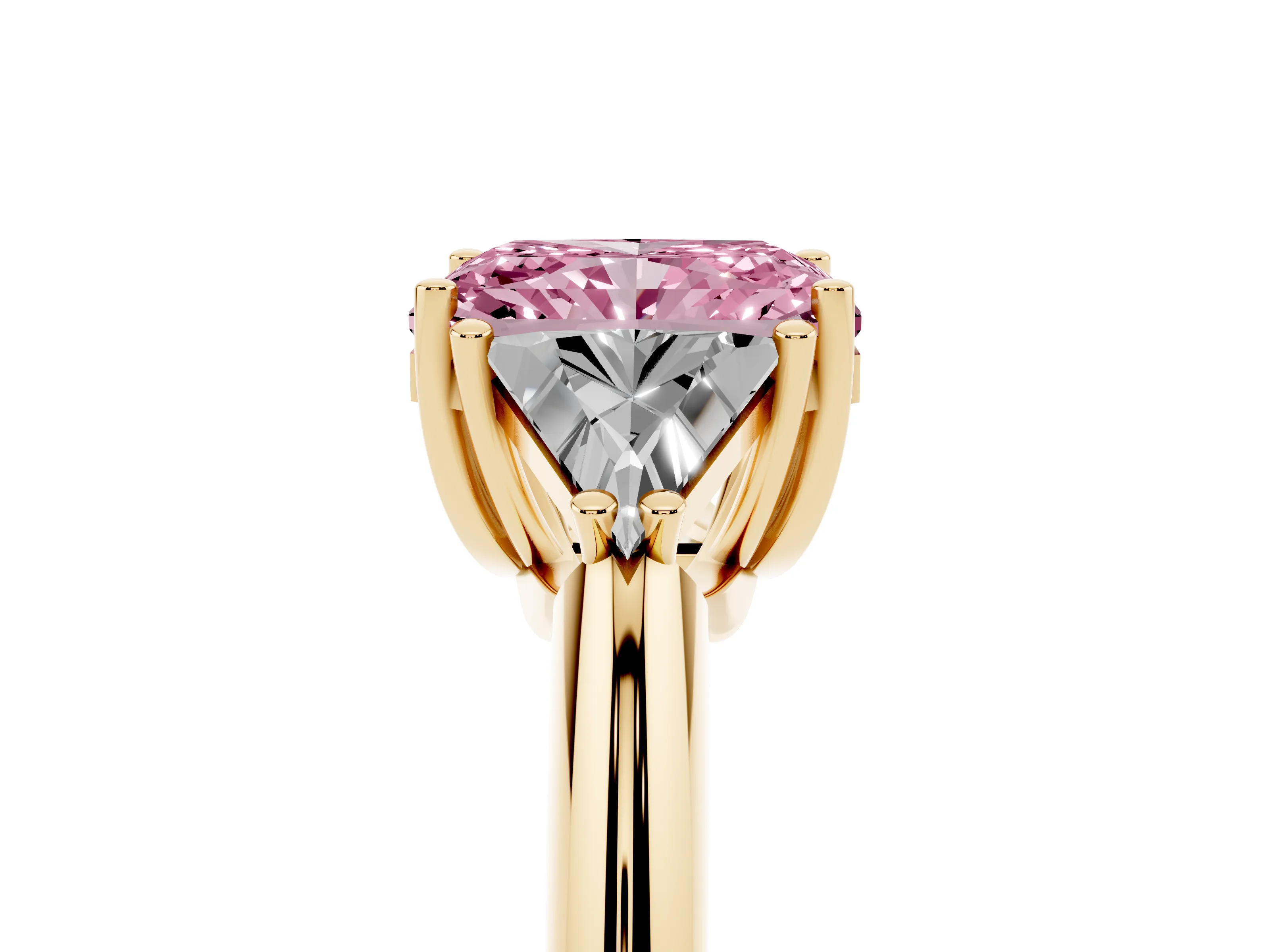 Fancy Pink Radiant Cut Diamond Three-Stone Engagement Ring Set in Yellow gold with Trillion Side Stones