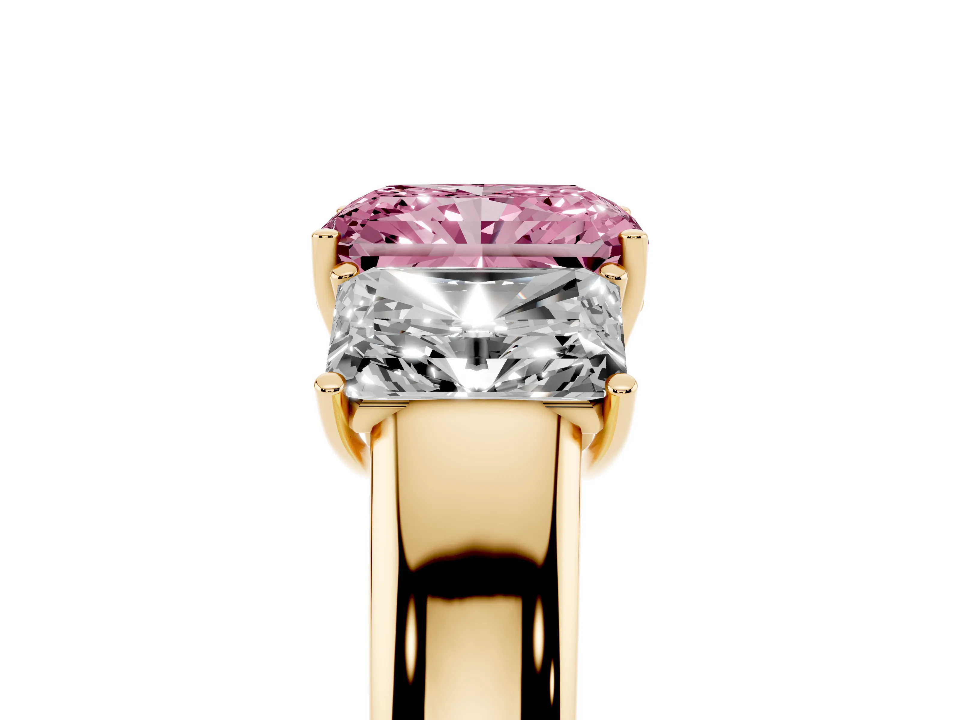 Fancy Pink Three-Stone Radiant Cut Diamond Ring Set in Yellow gold with Matching Prong Settings and Plain Band