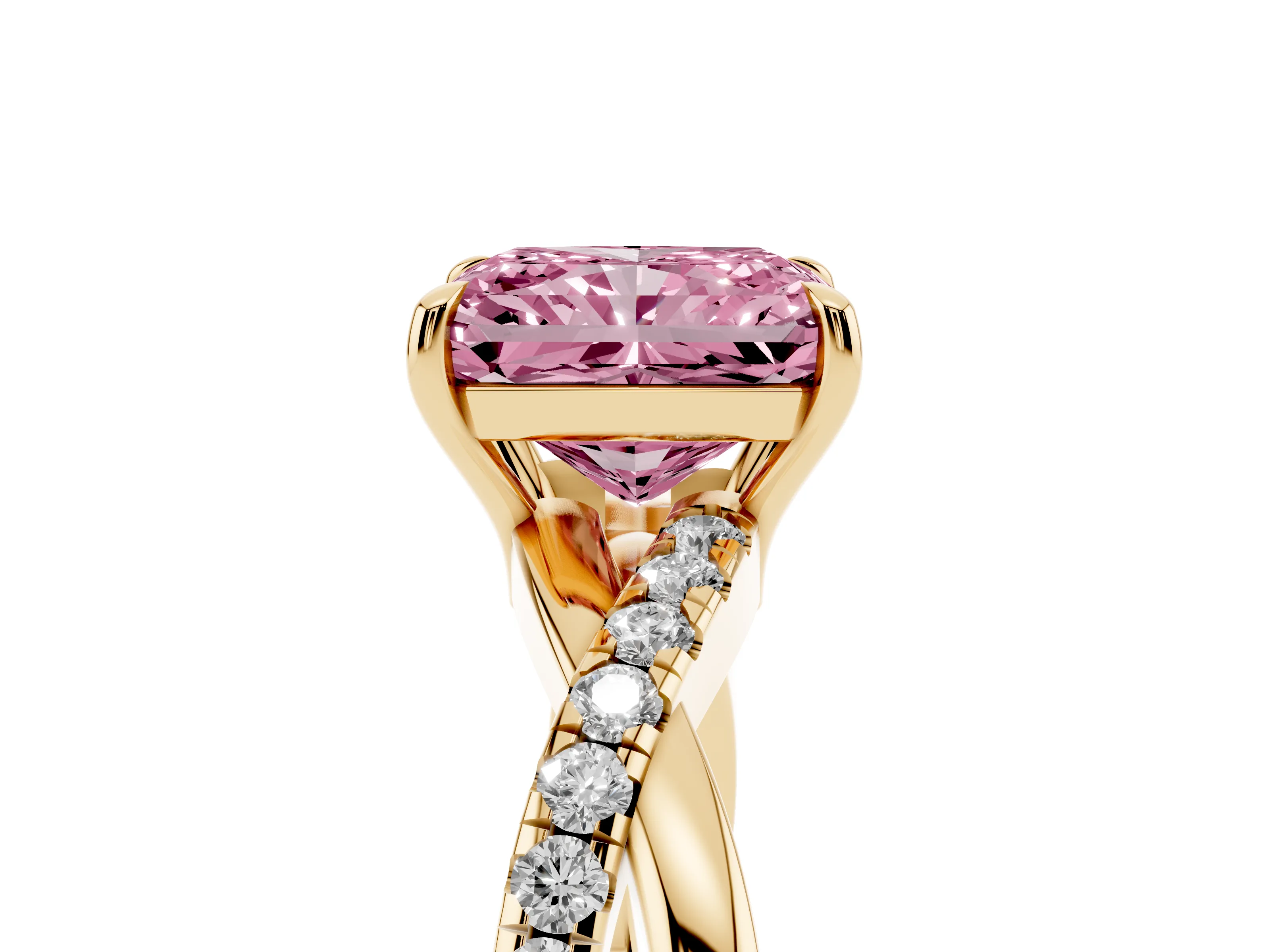 Fancy Pink Radiant Cut Diamond Twisted Pavé Band Ring Set in Yellow gold with Prong Setting