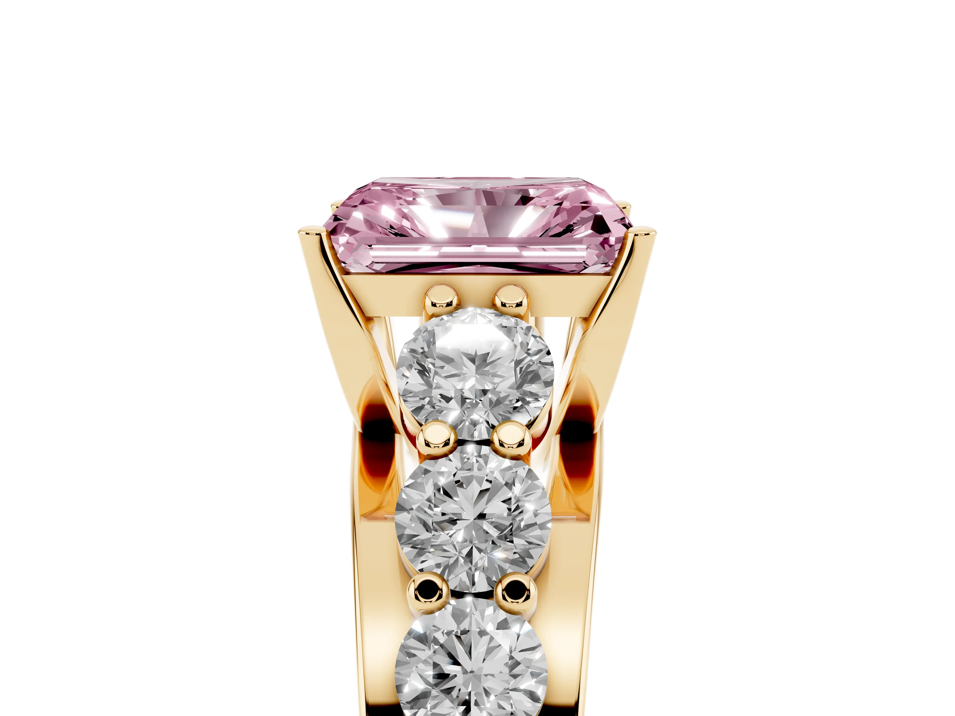 Fancy Pink Radiant Cut Diamond Pavé Engagement Ring Set in Yellow gold with Prong Setting