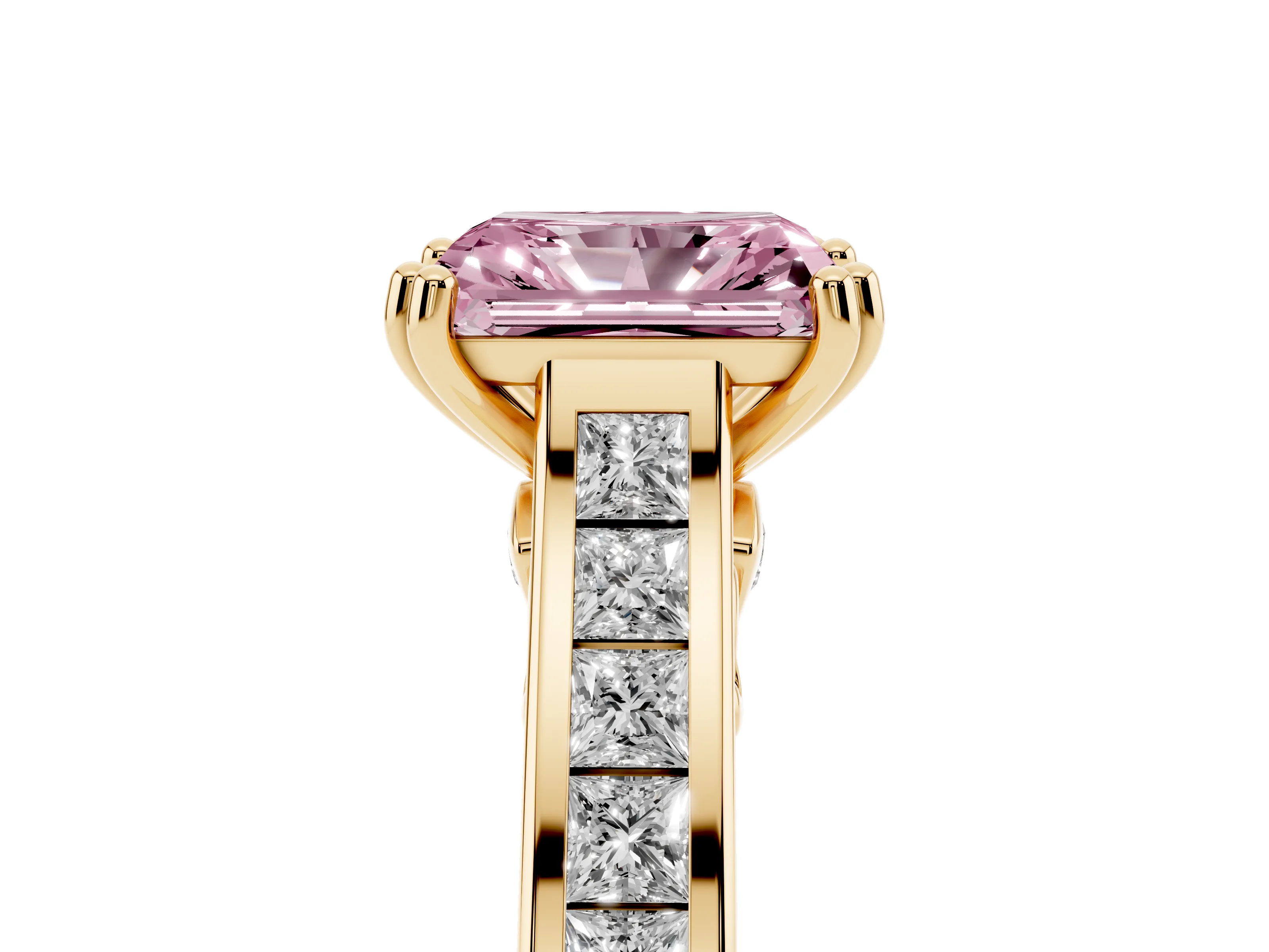 Fancy Pink Radiant Cut Diamond Channel Set Solitaire Engagement Ring Set in Yellow gold with Prong Setting