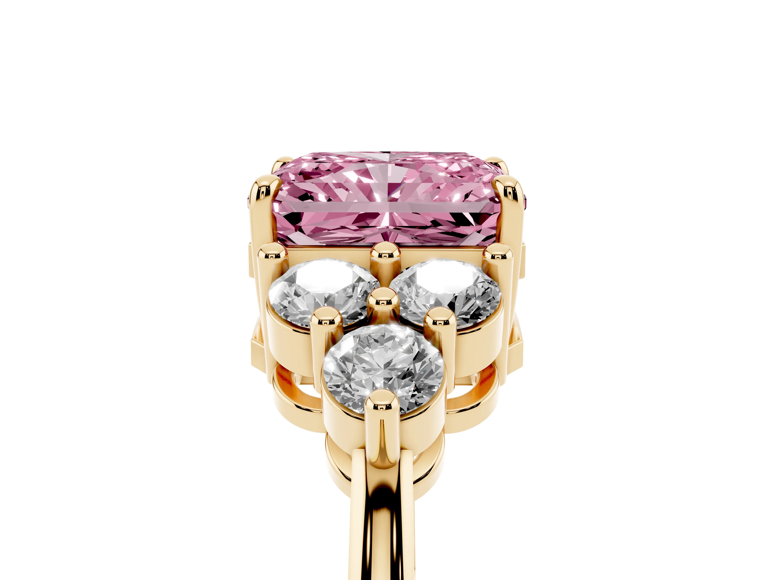 Fancy Pink Radiant Cut Diamond Solitaire Ring Set in Yellow gold with Cluster Accents on Each Side