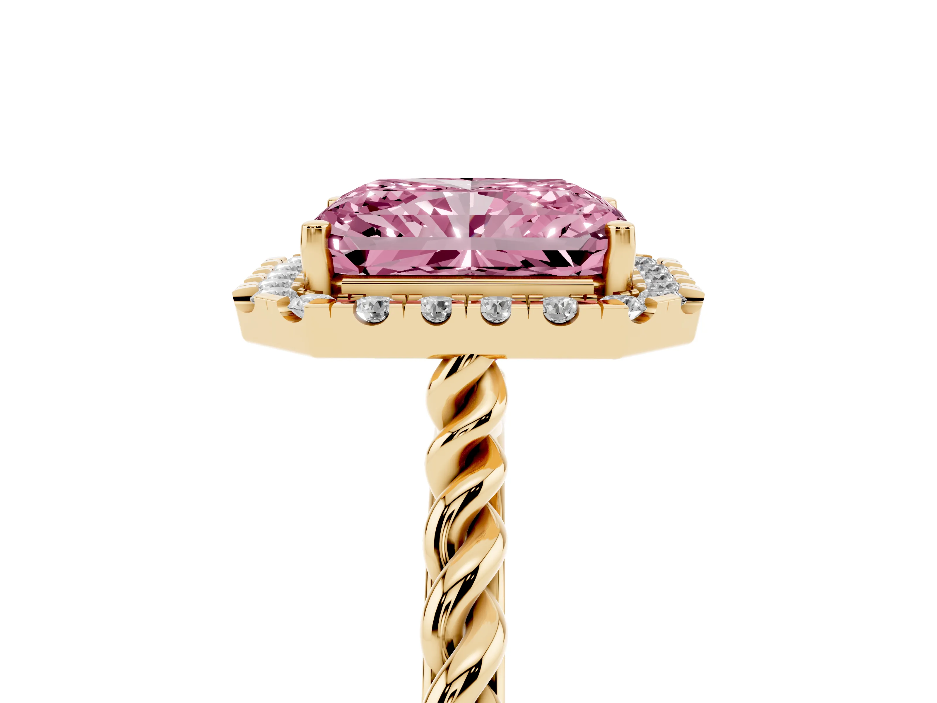 Fancy Pink Radiant Cut Diamond Halo Ring Set in Yellow gold with Plain Twisted Band