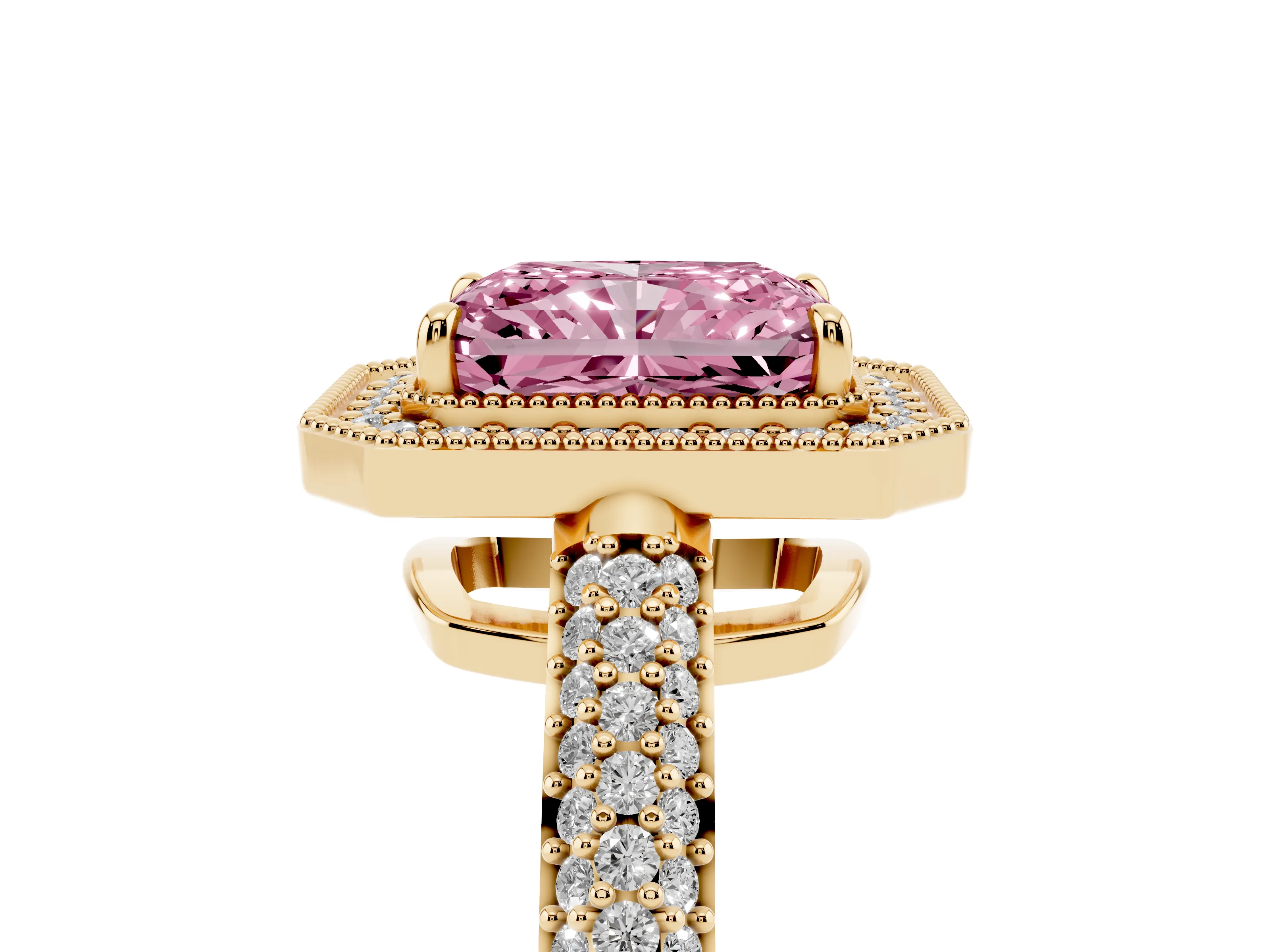 Fancy Pink Radiant Cut Diamond Halo Pavé Band Set in Yellow gold with Prong Setting