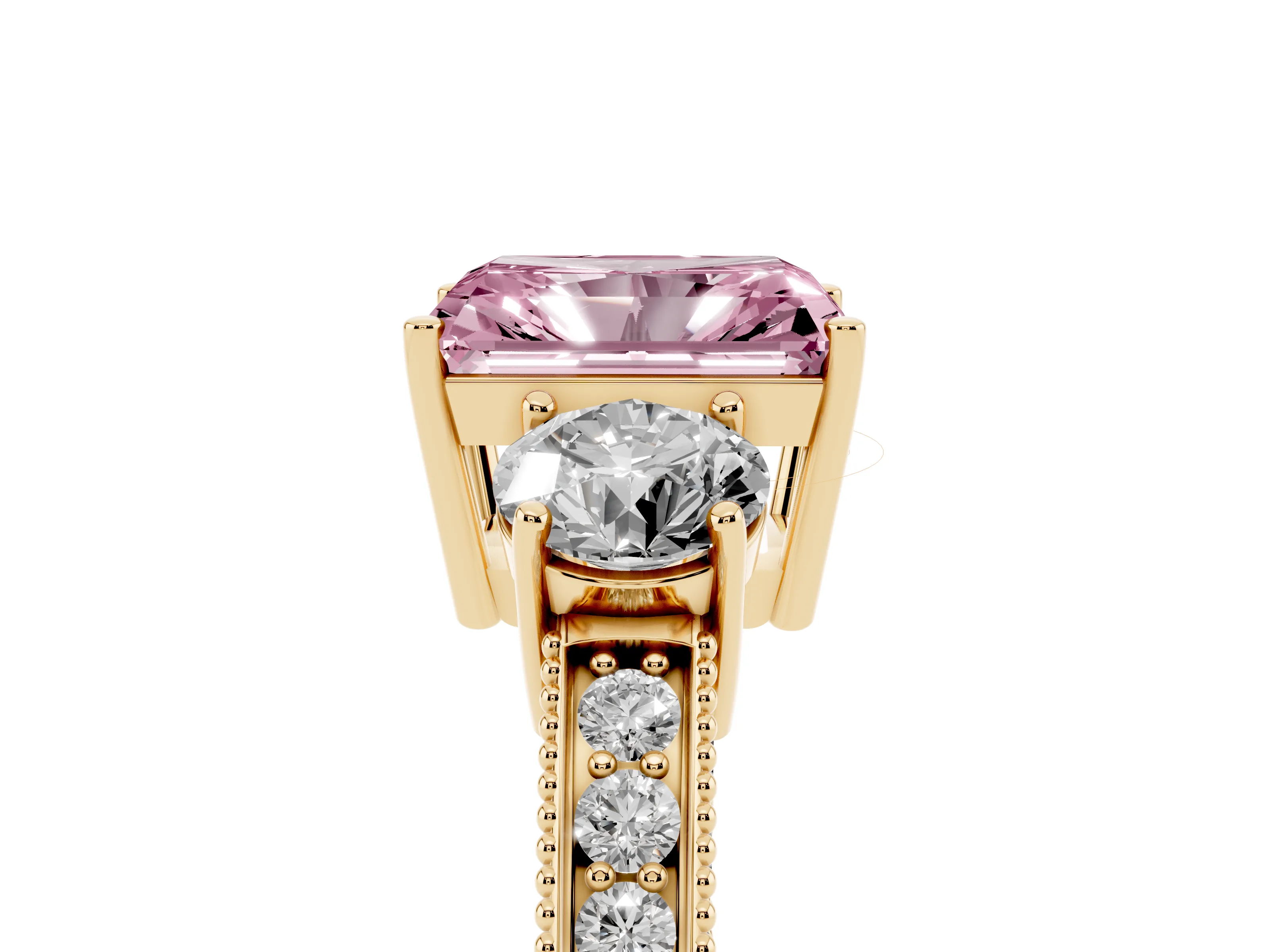 Fancy Pink Radiant Cut Diamond Three-Stone Ring Set in Yellow gold with Round Side Stones and Pavé Band