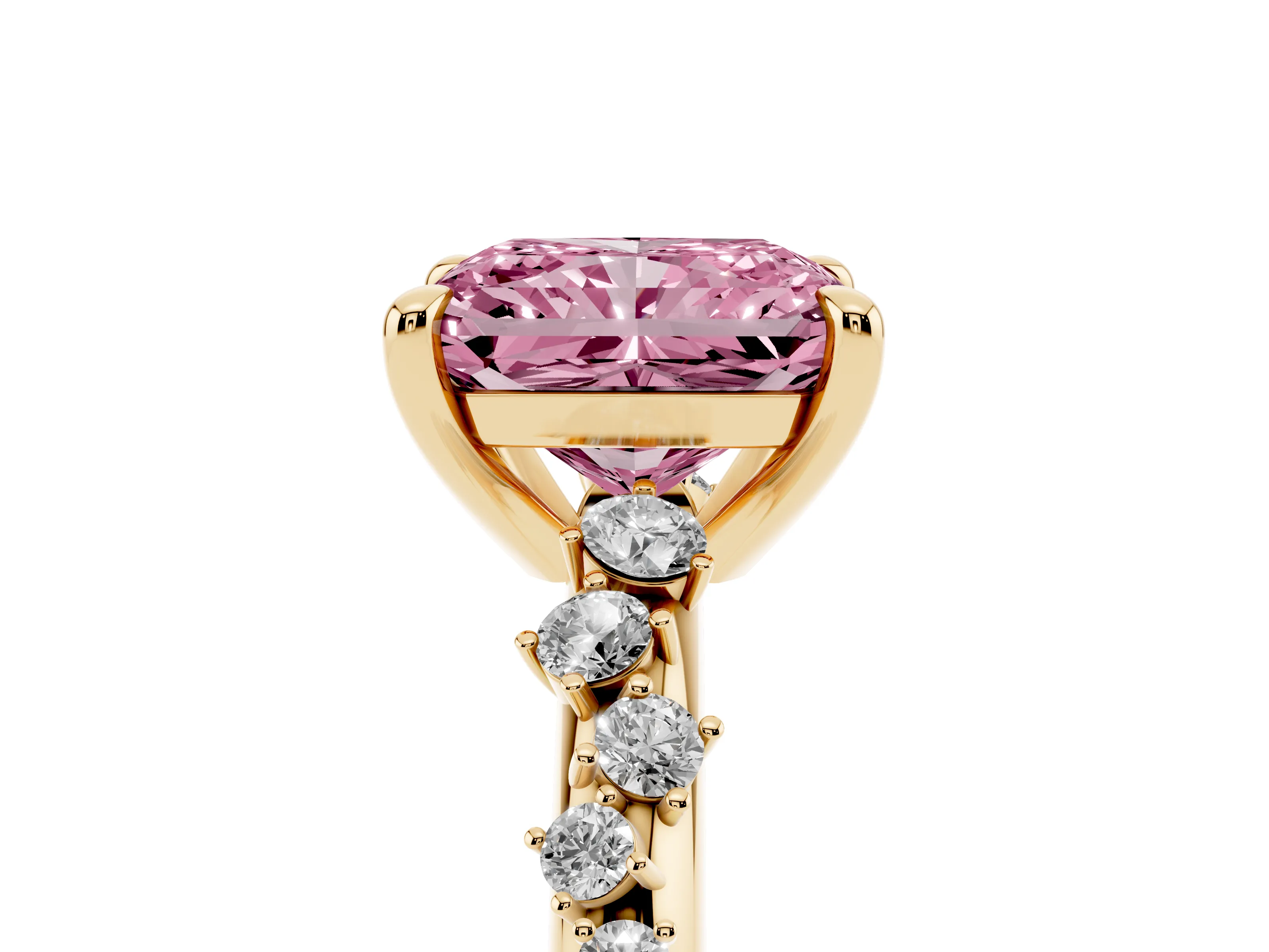 Fancy Pink Radiant Cut Diamond Solitaire Vine Band Ring Set in Yellow gold with Round Accents and Prong Setting