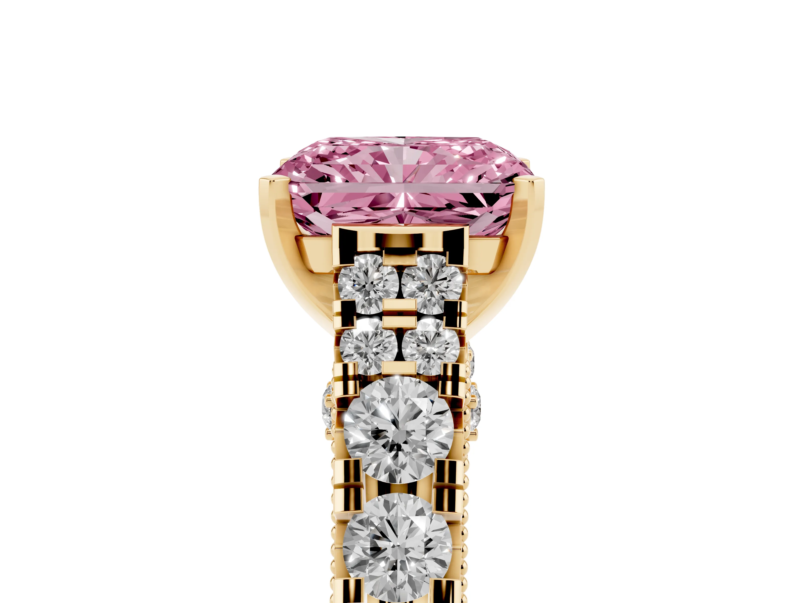 Fancy Pink Radiant Cut Diamond Classic Solitaire Ring Set in Yellow gold with Pavé Band and Prong Setting
