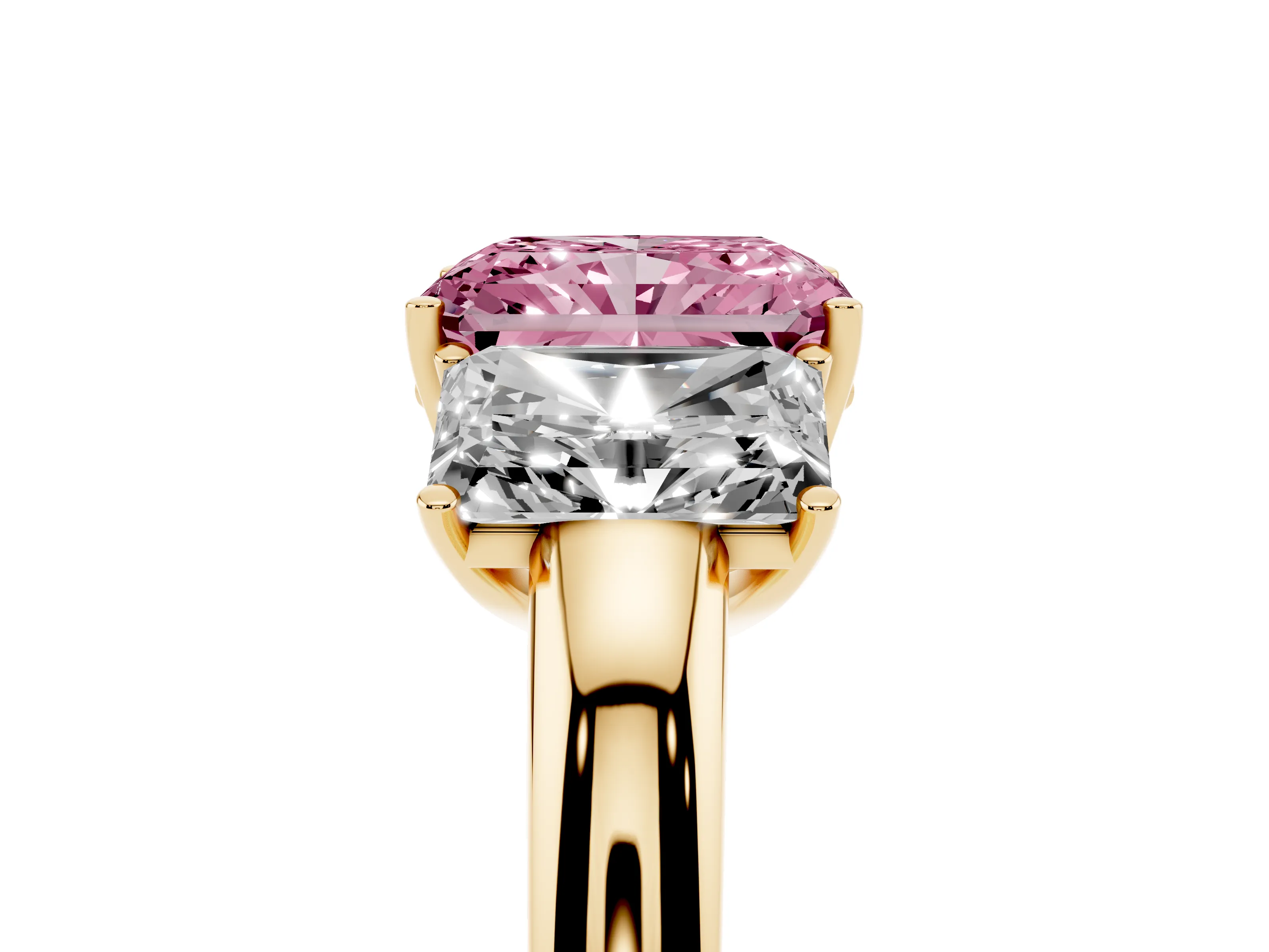 Fancy Pink Radiant Cut Diamond Three-Stone Ring Set in Yellow gold with Bold Center and Classic Band