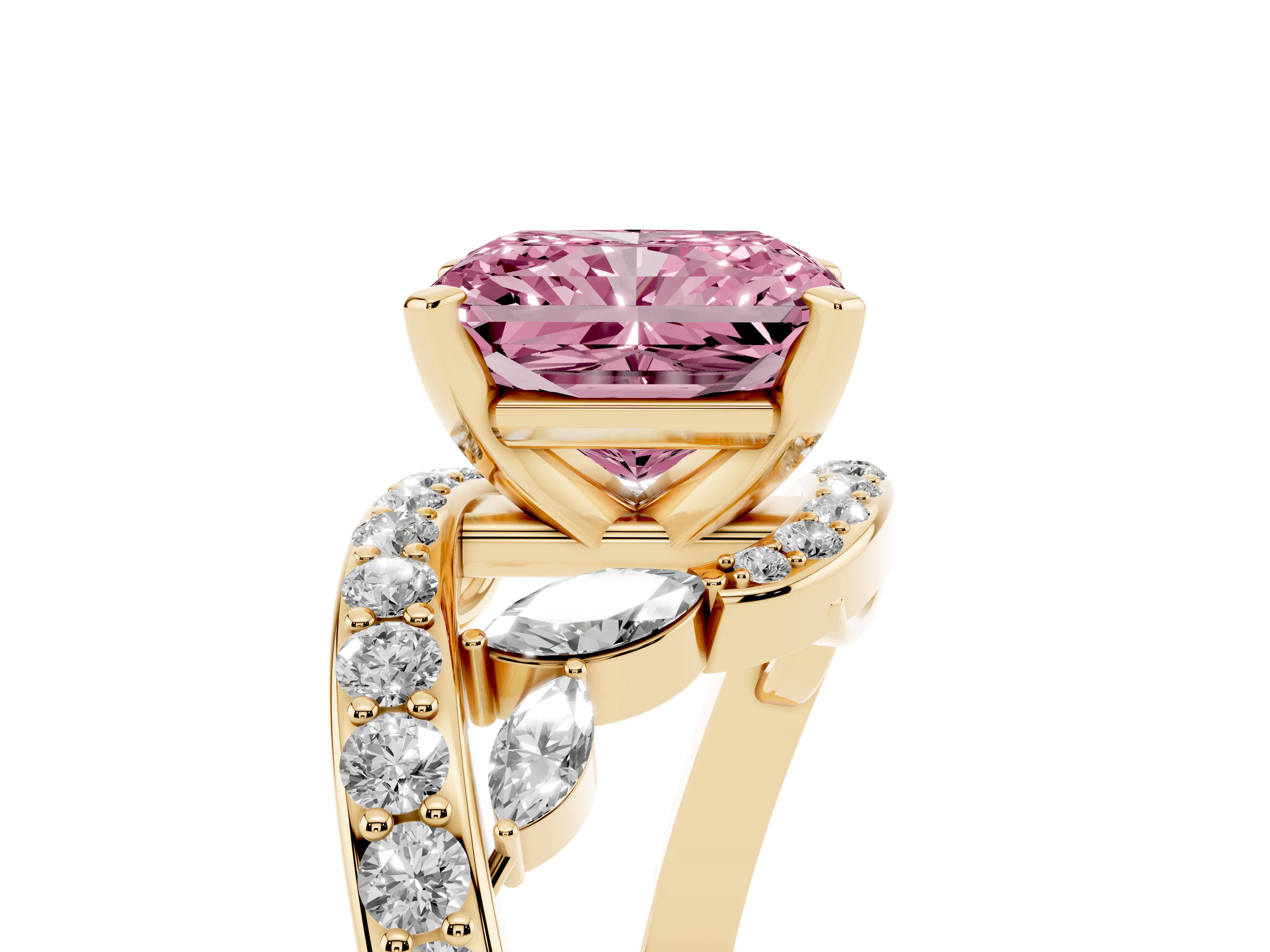 Fancy Pink Radiant Cut Diamond Solitaire Ring Set in Yellow gold with Pavé Twist Band and Secure Prong Setting