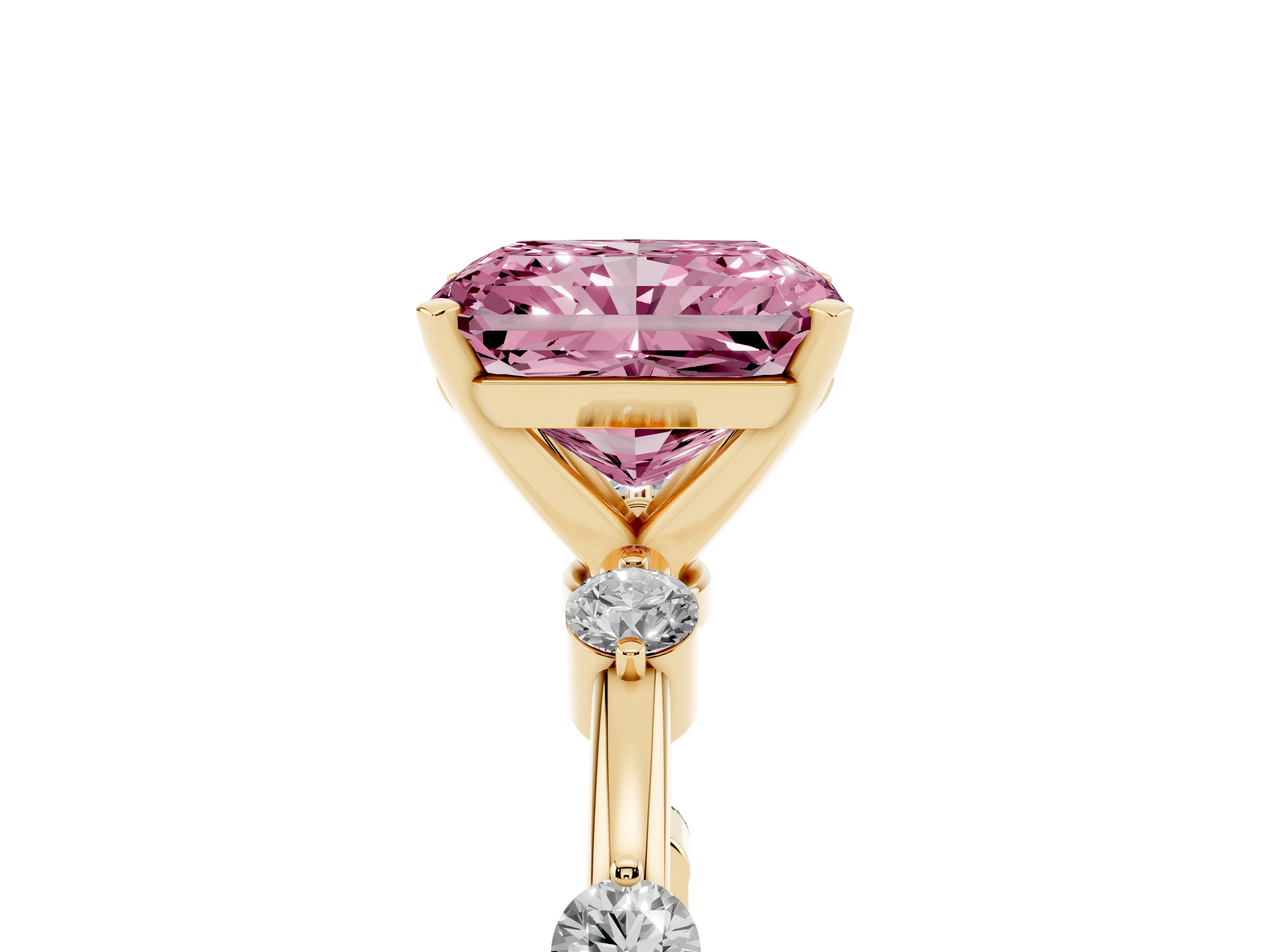 Fancy Pink Radiant Cut Diamond Solitaire Ring Set in Yellow gold with Bezel Set Side Stones and Prong Setting