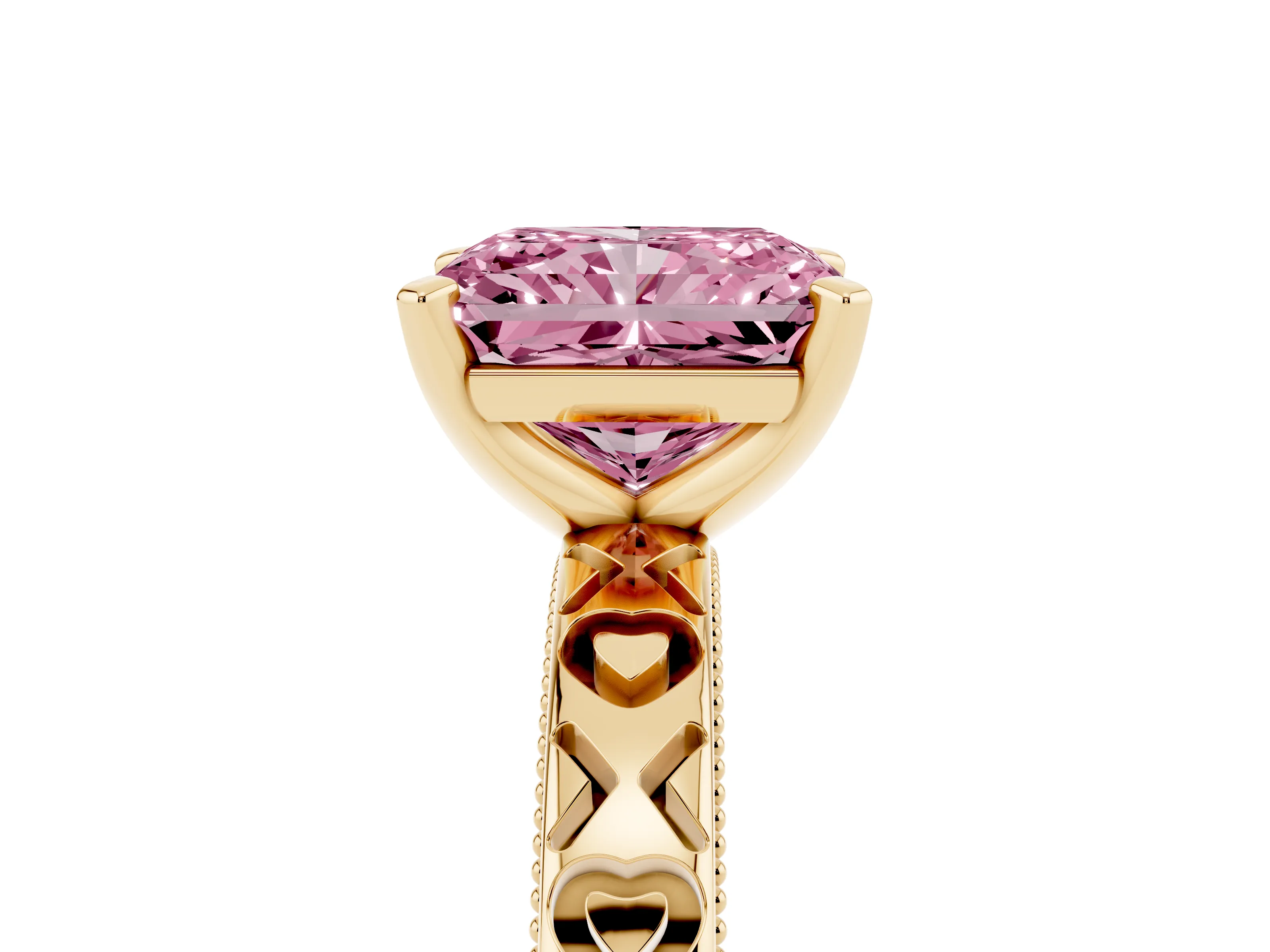 Fancy Pink Radiant Cut Diamond Solitaire Engagement Ring Set in Yellow gold with XO Engraved Band and Prong Setting