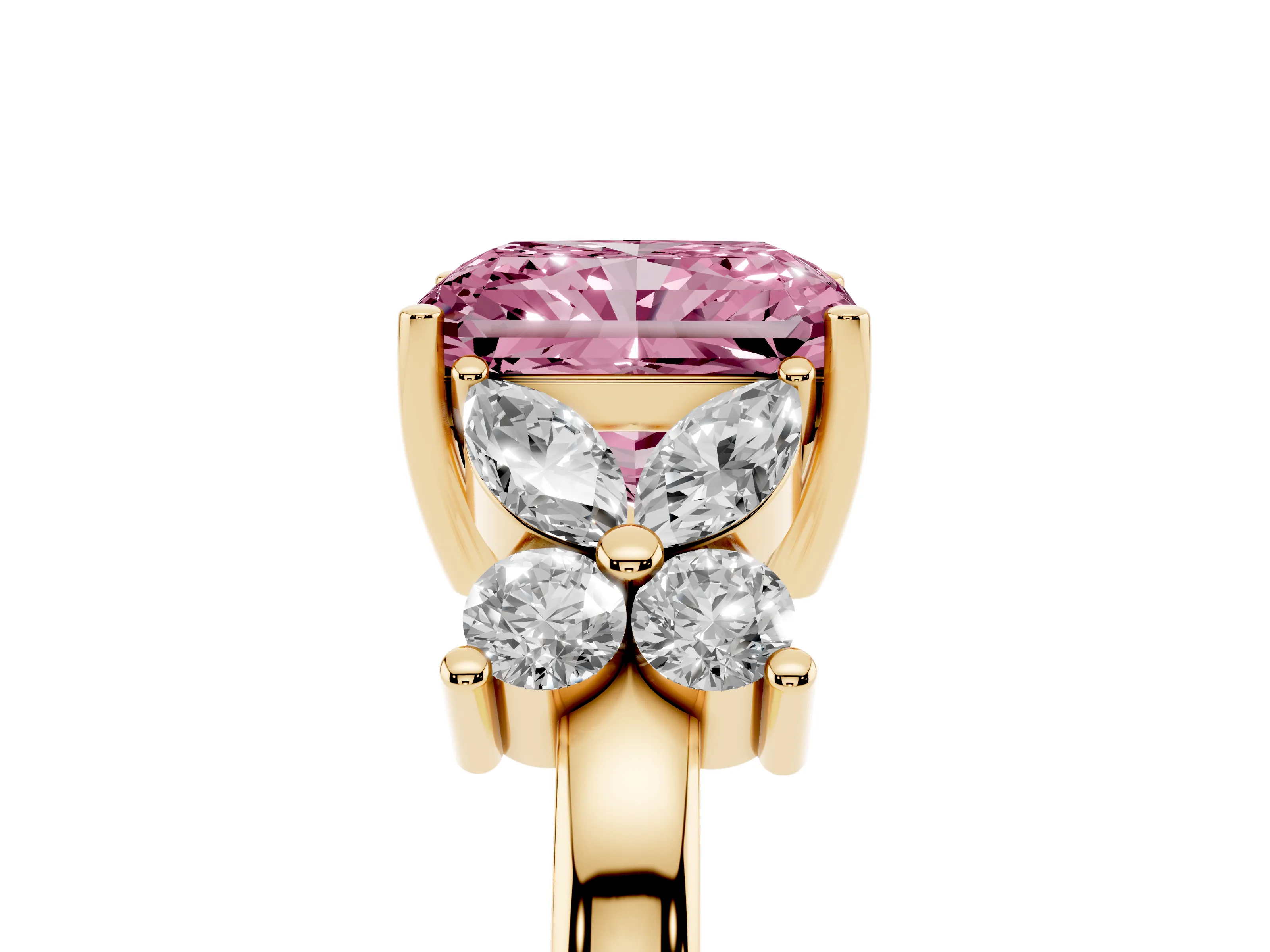 Fancy Pink Radiant Cut Diamond Floral Cluster Ring Set in Yellow gold with Marquise Petals and Prong Setting