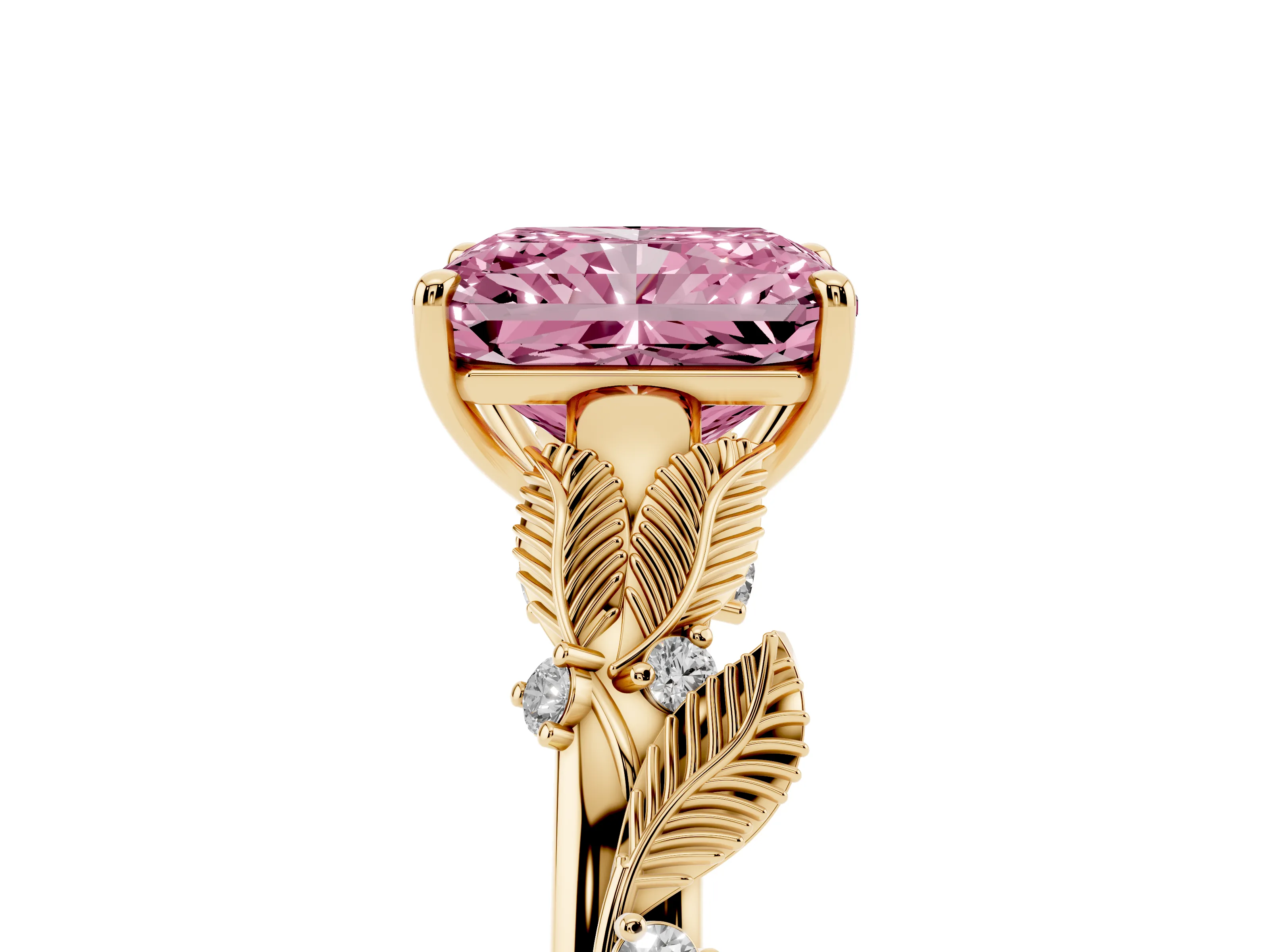 Fancy Pink Radiant Cut Diamond Solitaire Ring Set in Yellow gold with Leaf Motif Band