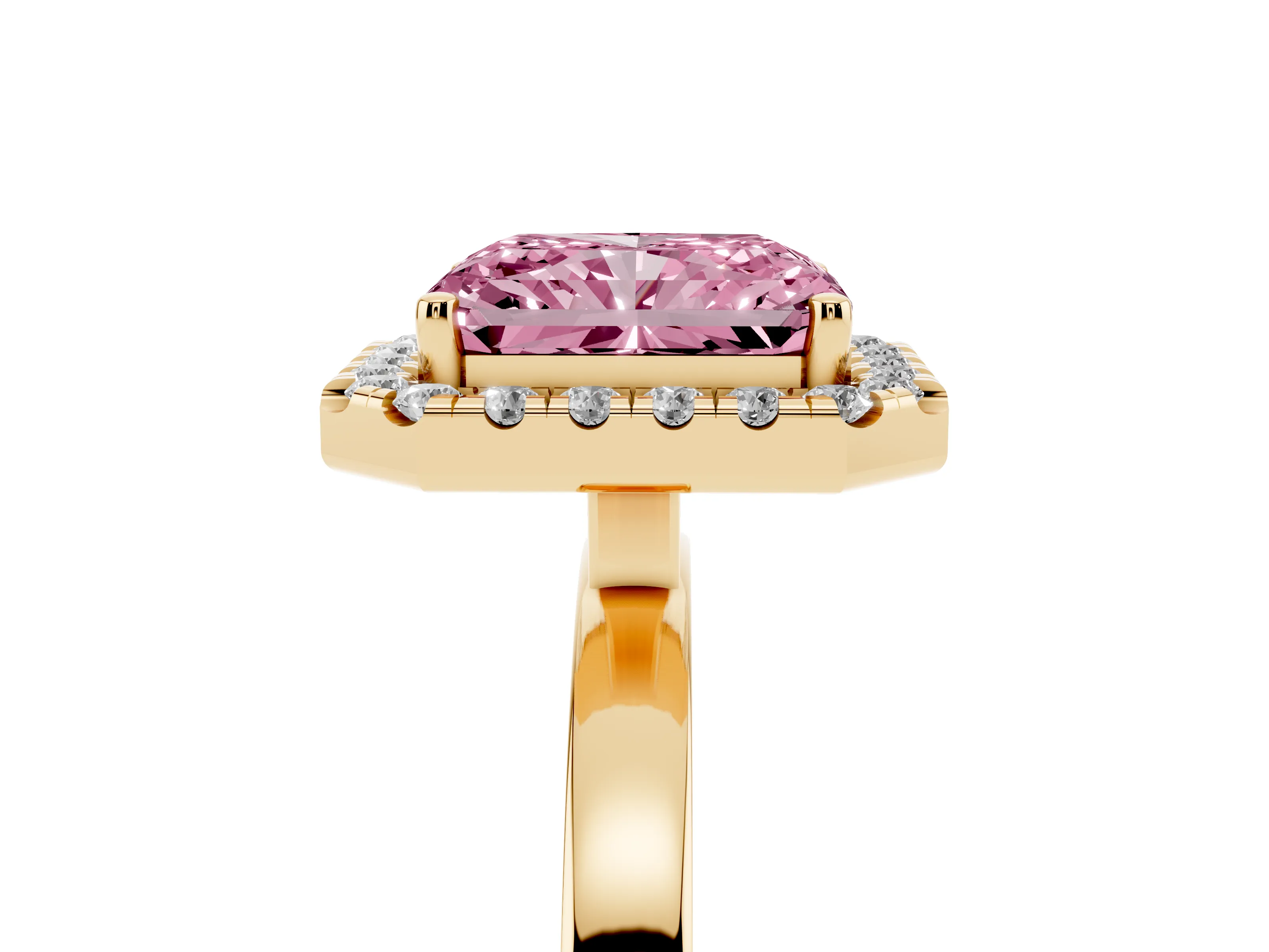 Fancy Pink Radiant Cut Diamond Halo Solitaire Ring Set in Yellow gold with Pavé Band and Prong Setting