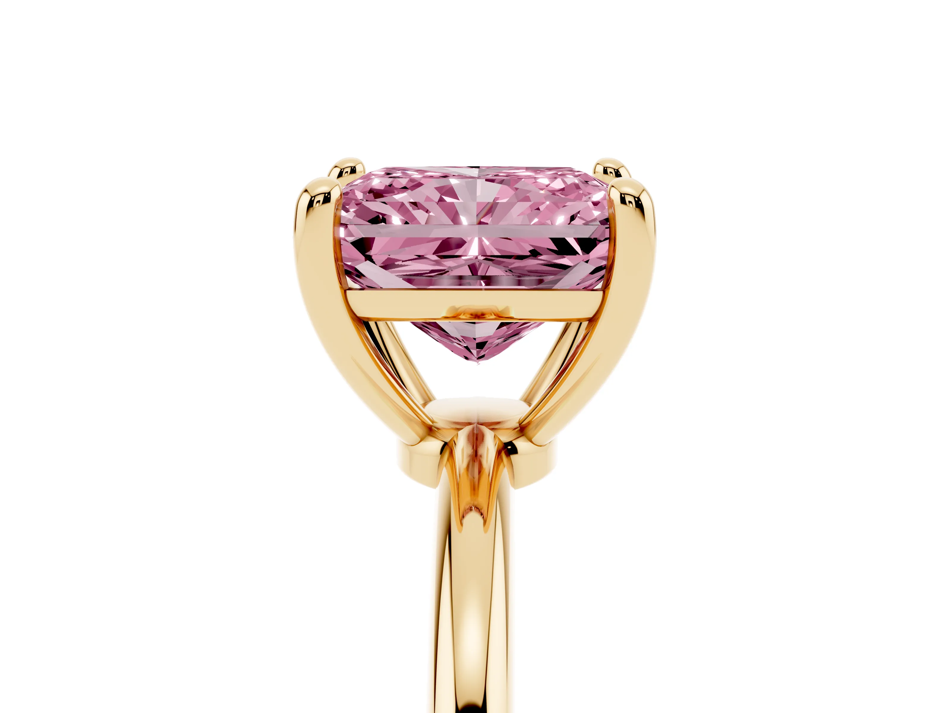 Fancy Pink Radiant Cut Diamond Solitaire Ring Set in Yellow gold with Secure Prong Setting on a Classic Band