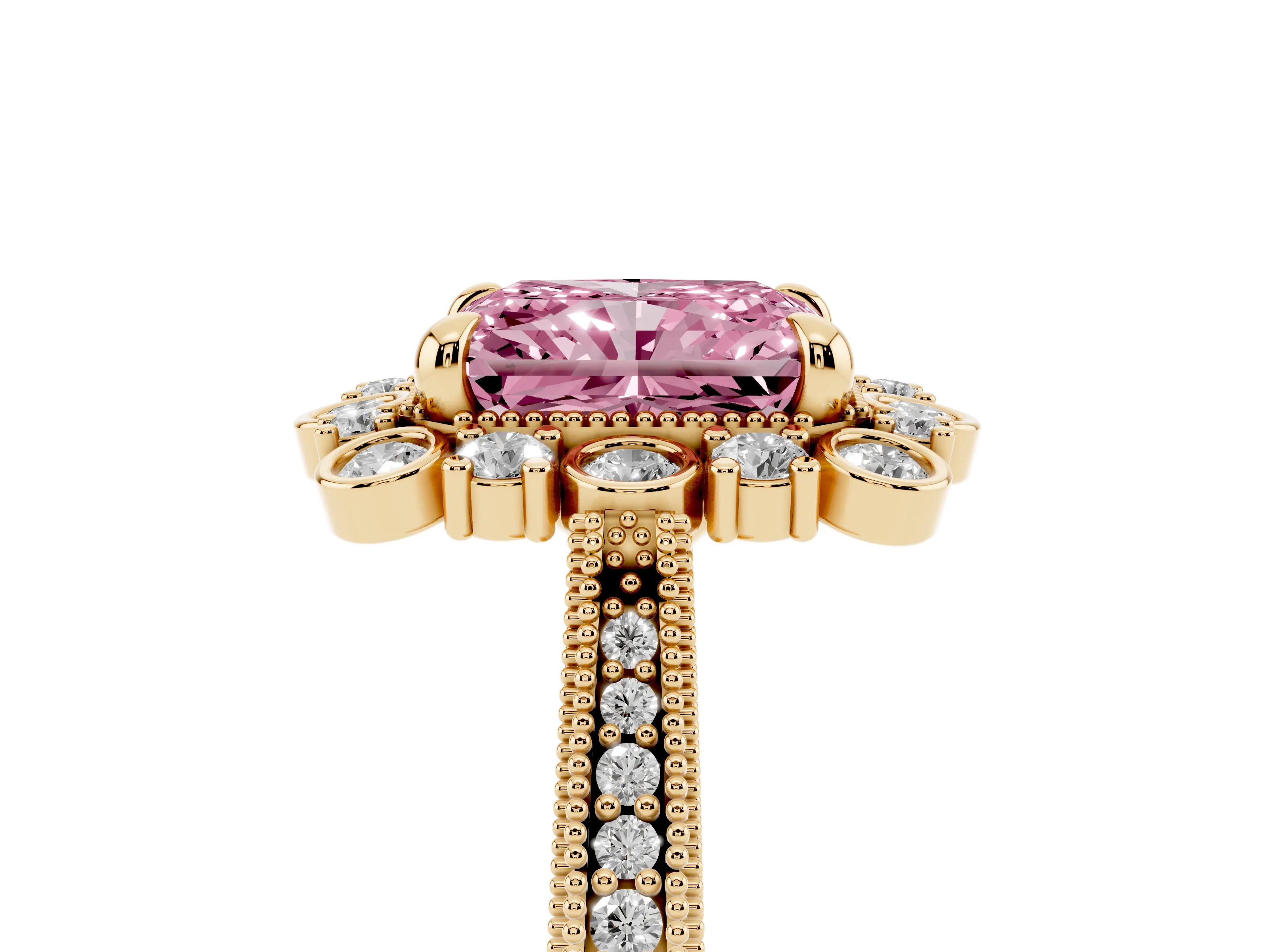 Fancy Pink Radiant Cut Diamond Halo Milgrain Pavé Ring Set in Yellow gold with Prong Setting