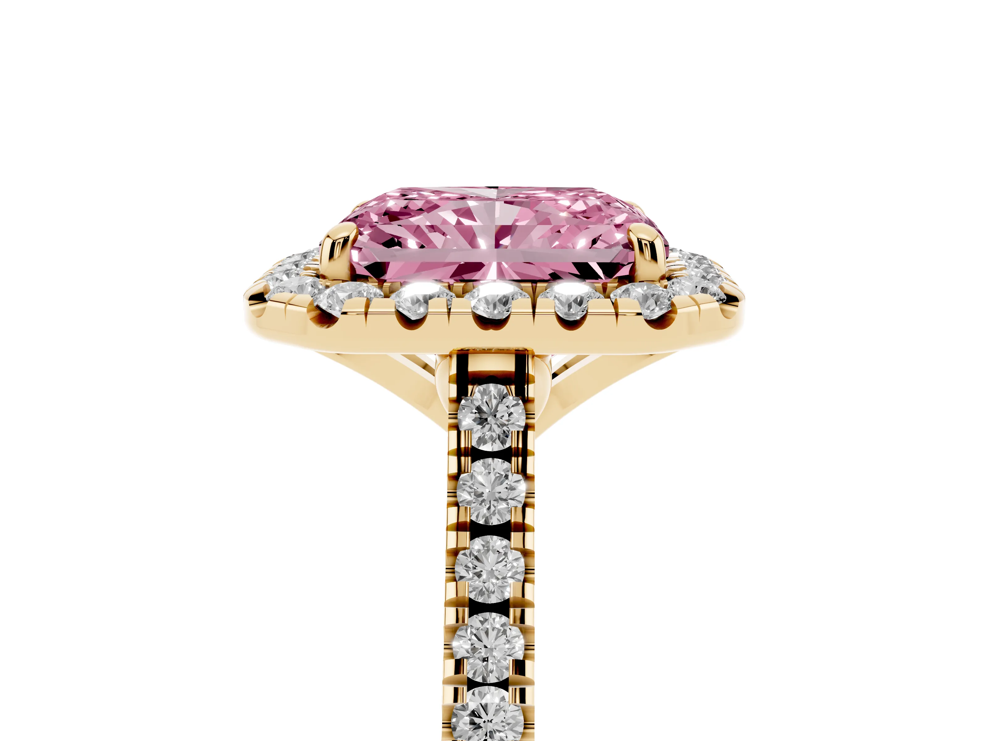 Fancy Pink Radiant Cut Diamond Cushion Halo Ring Set in Yellow gold with Pavé Band