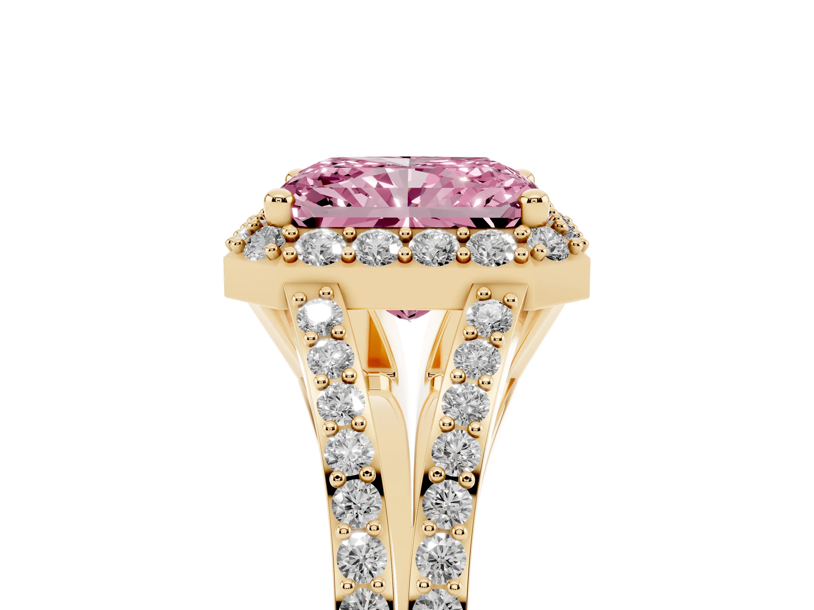 Fancy Pink Radiant Cut Diamond Halo Split Shank Pavé Ring Set in Yellow gold with Prong Setting