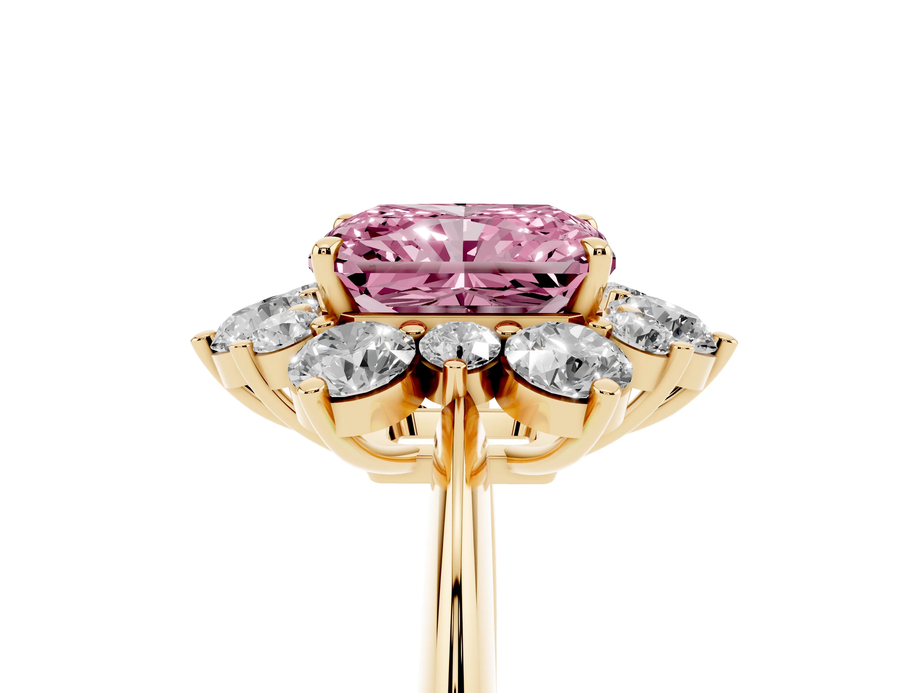 Fancy Pink Radiant Cut Diamond Cluster Halo Ring Set in Yellow gold with Solitaire Band and Prong Setting